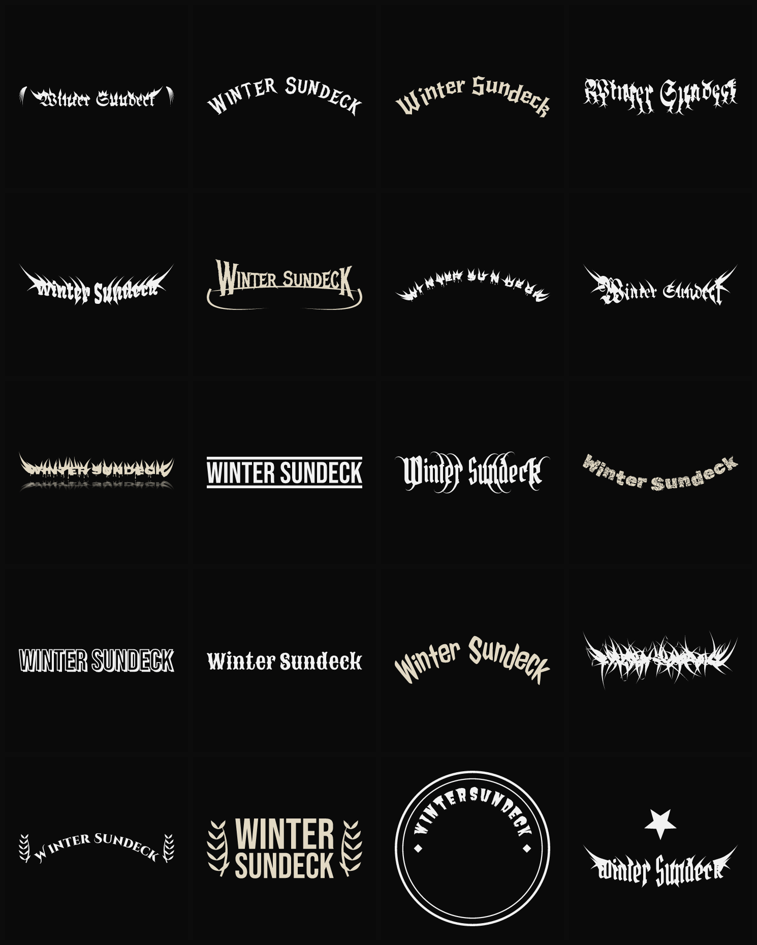 Twenty Winter Sundeck band logo ideas — different faces, treatments and spike settings