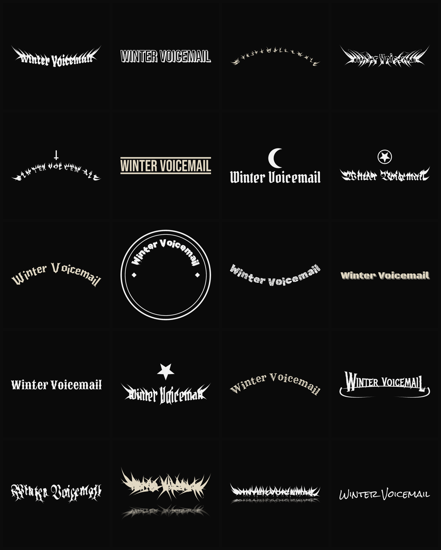 Twenty Winter Voicemail band logo ideas — different faces, treatments and spike settings