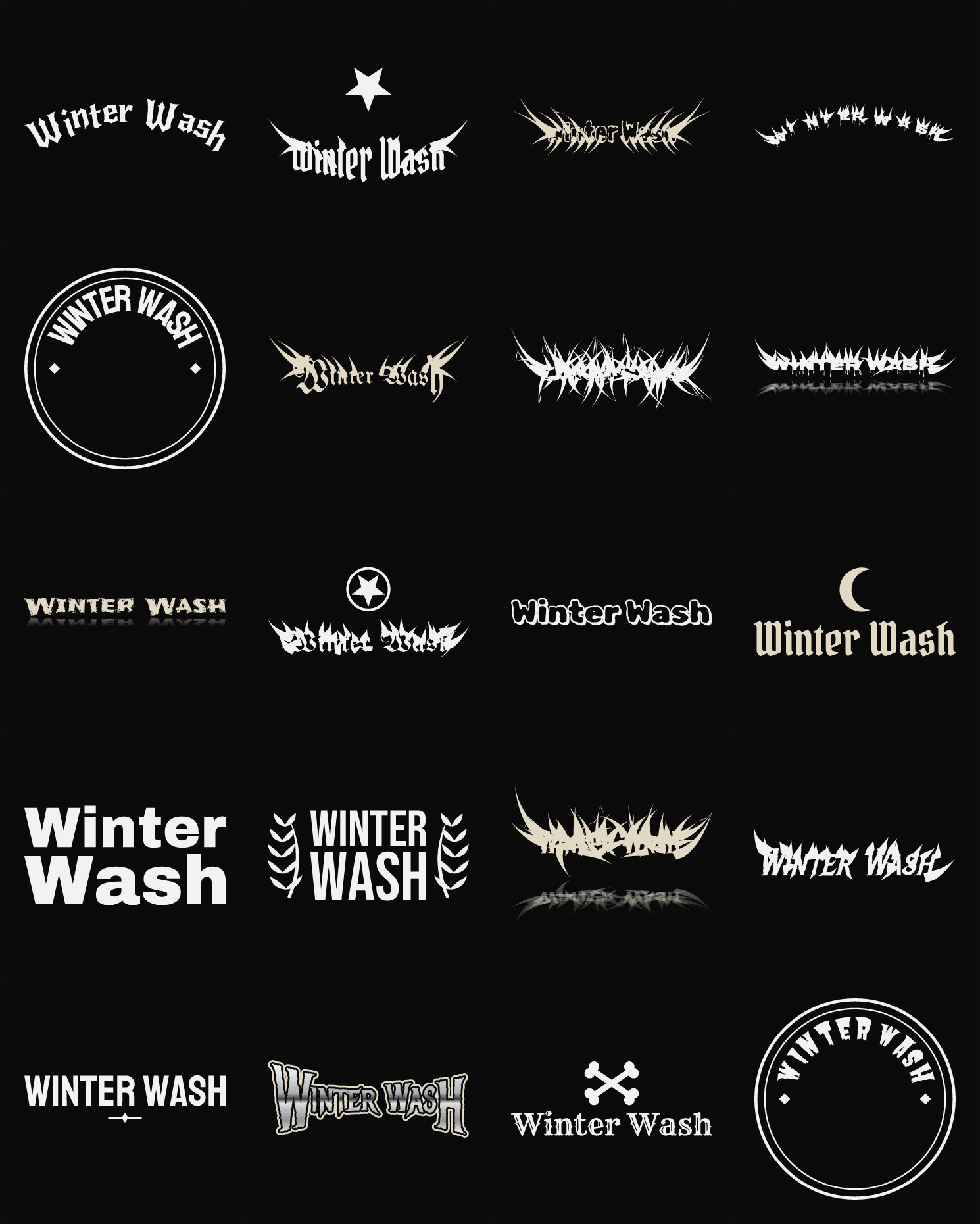 Twenty Winter Wash band logo ideas — different faces, treatments and spike settings