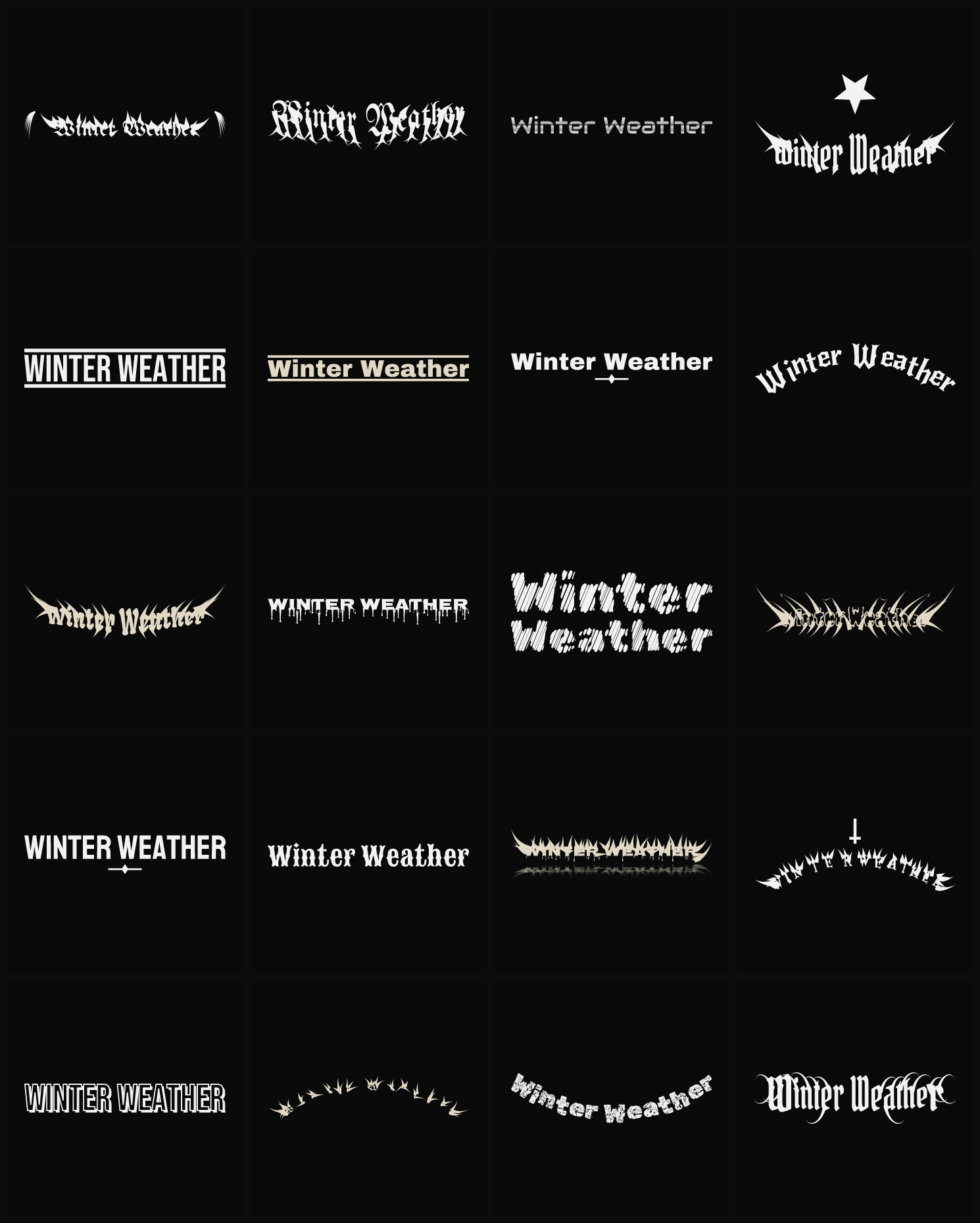 Twenty Winter Weather band logo ideas — different faces, treatments and spike settings