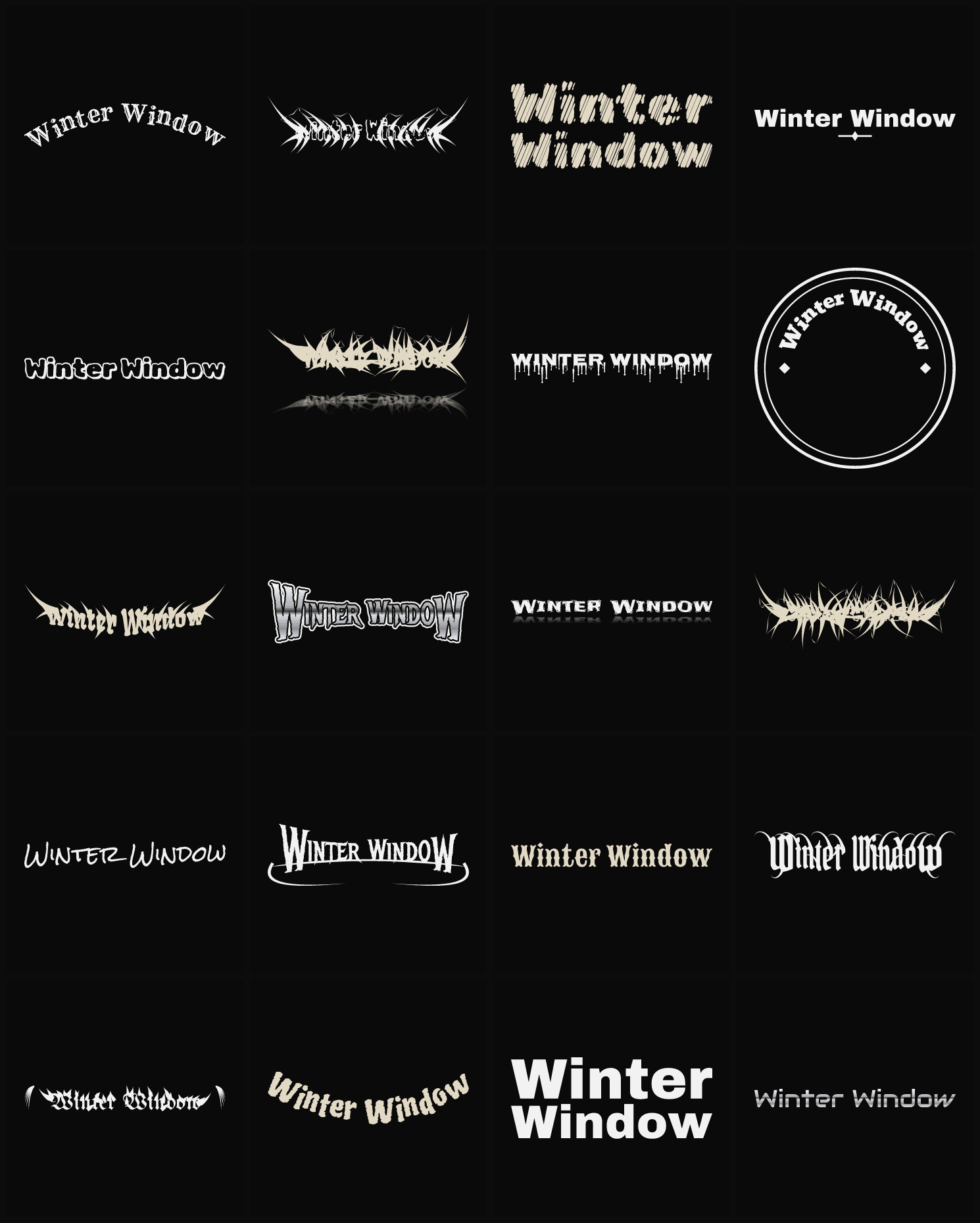 Twenty Winter Window band logo ideas — different faces, treatments and spike settings