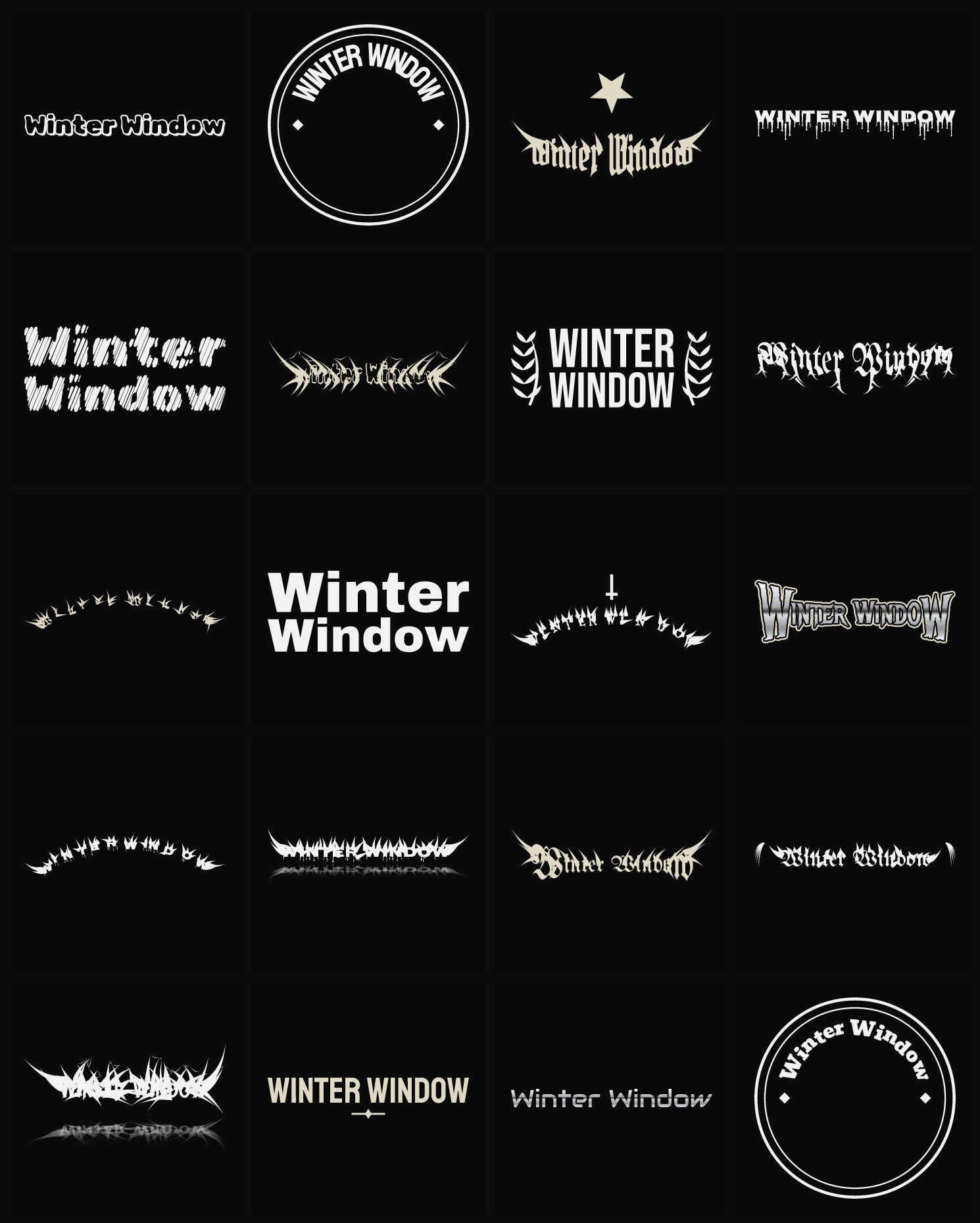 Twenty Winter Window band logo ideas — different faces, treatments and spike settings