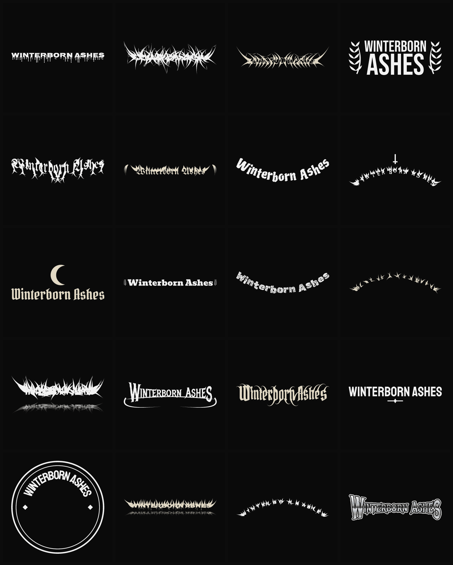 Twenty Winterborn Ashes band logo ideas — different faces, treatments and spike settings