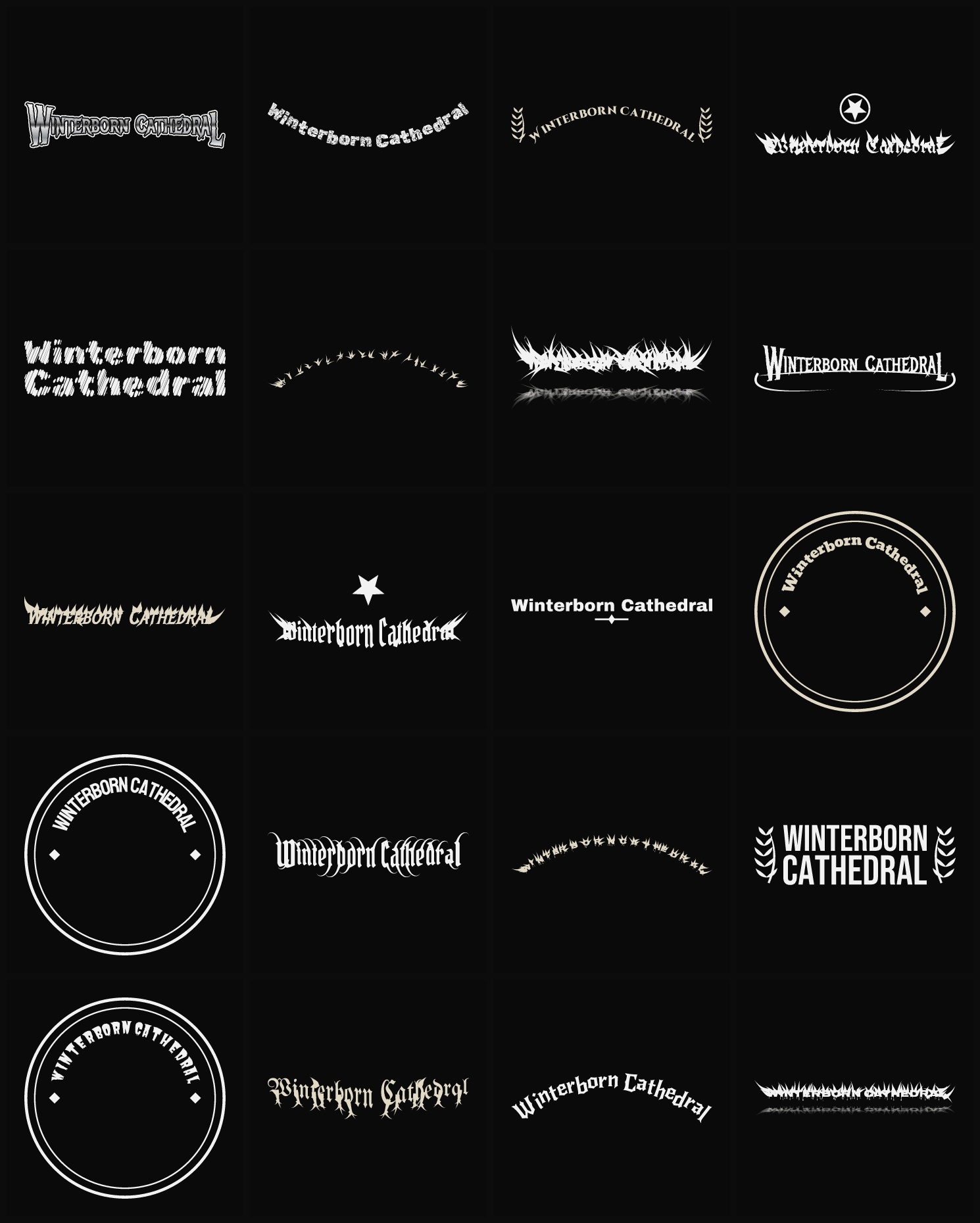 Twenty Winterborn Cathedral band logo ideas — different faces, treatments and spike settings