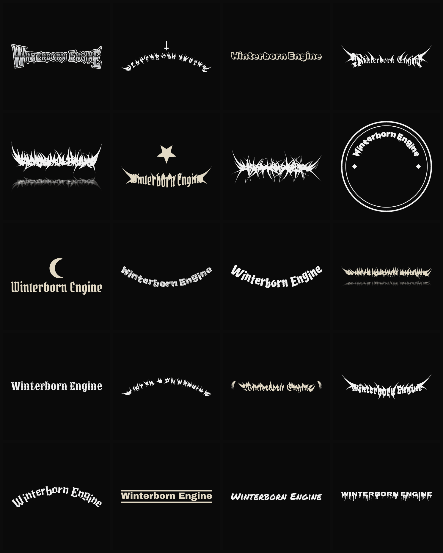 Twenty Winterborn Engine band logo ideas — different faces, treatments and spike settings
