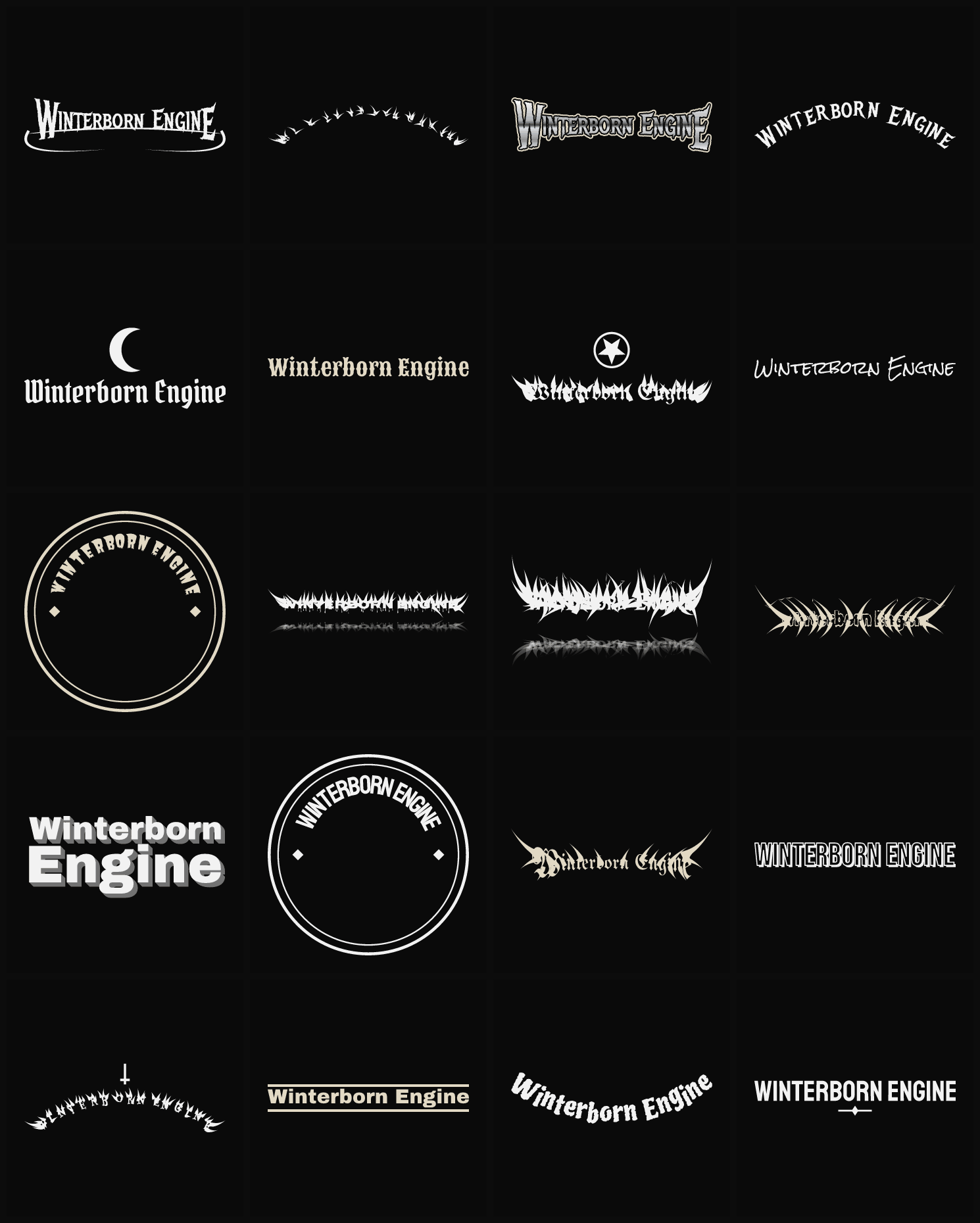 Twenty Winterborn Engine band logo ideas — different faces, treatments and spike settings