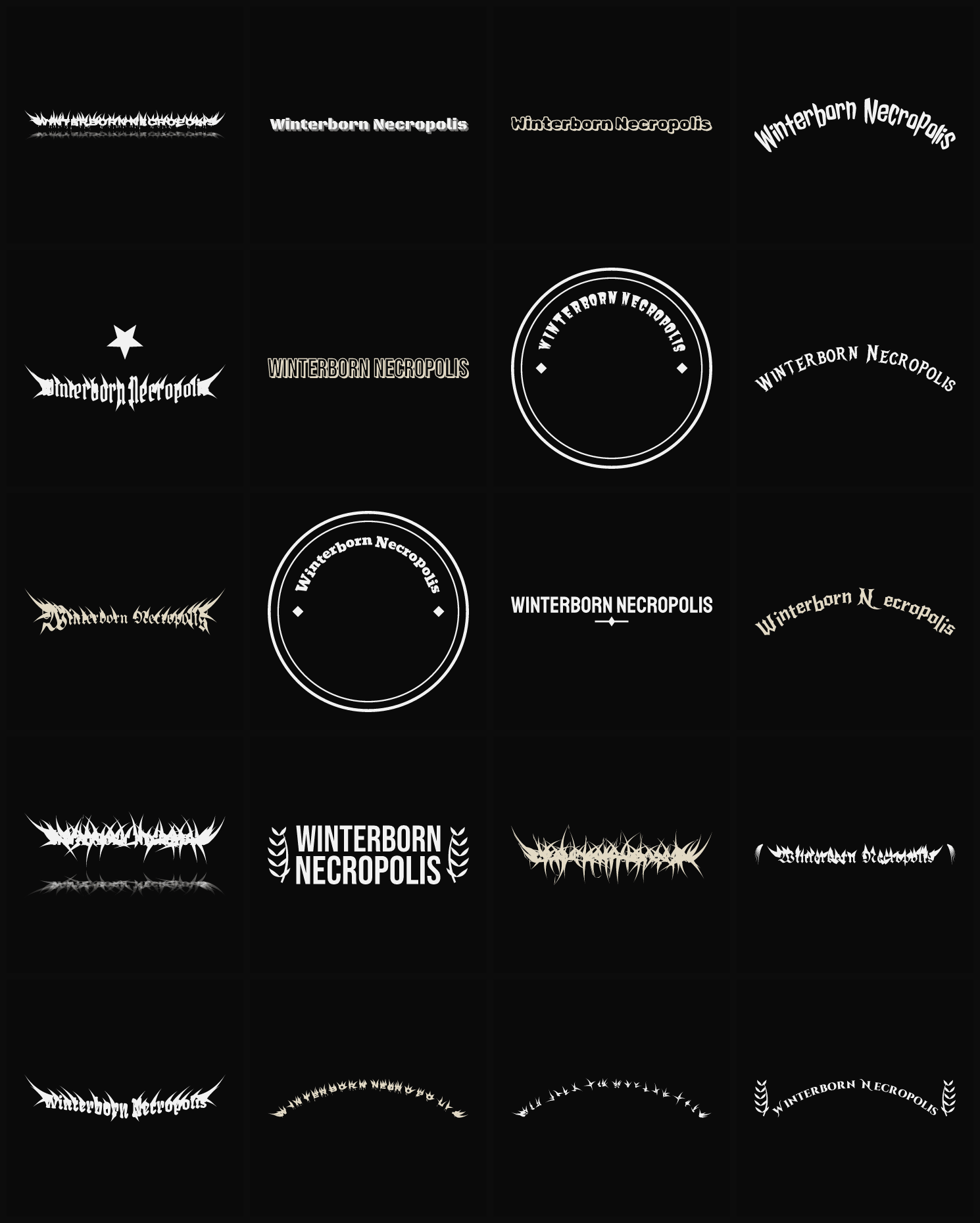 Twenty Winterborn Necropolis band logo ideas — different faces, treatments and spike settings