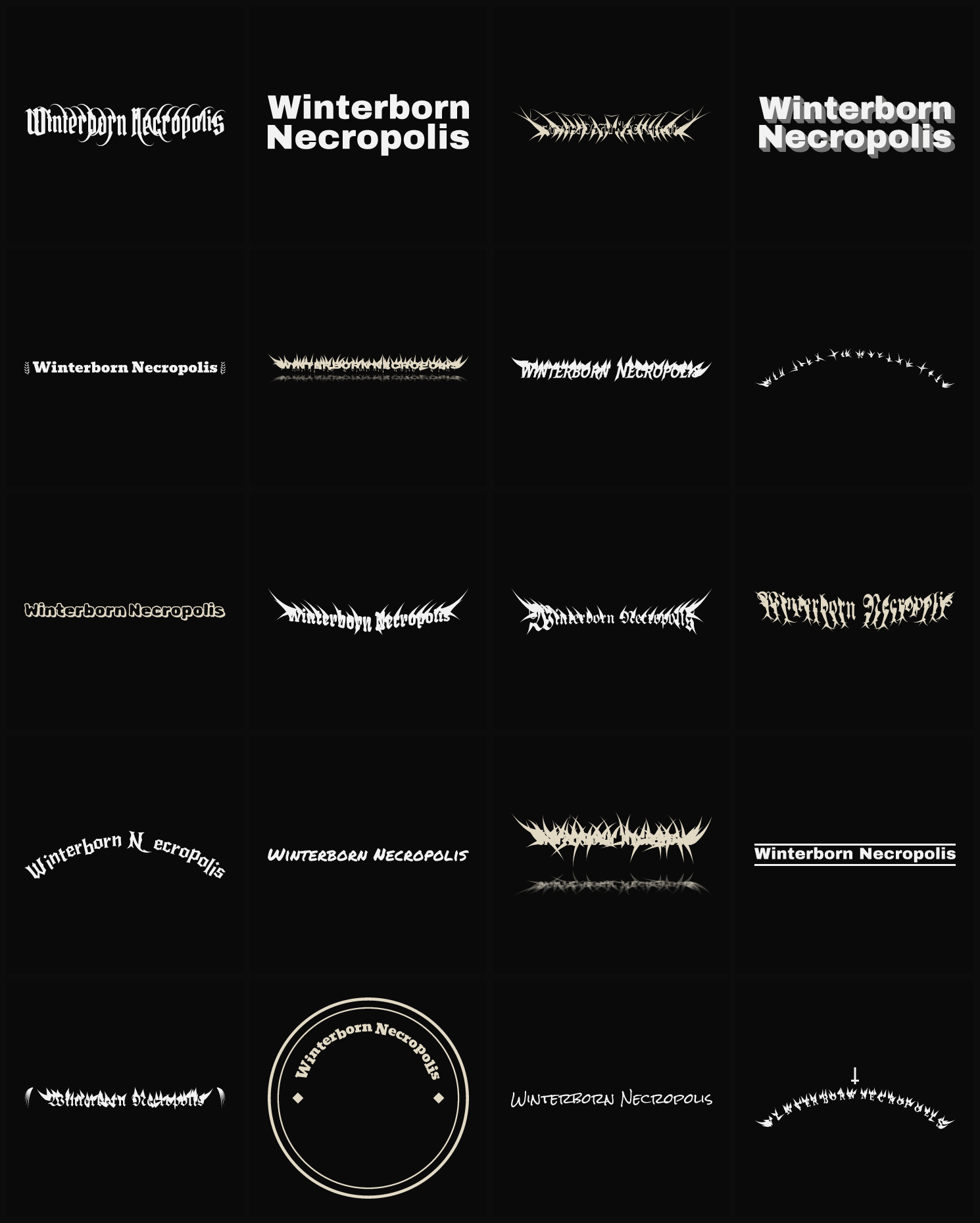 Twenty Winterborn Necropolis band logo ideas — different faces, treatments and spike settings