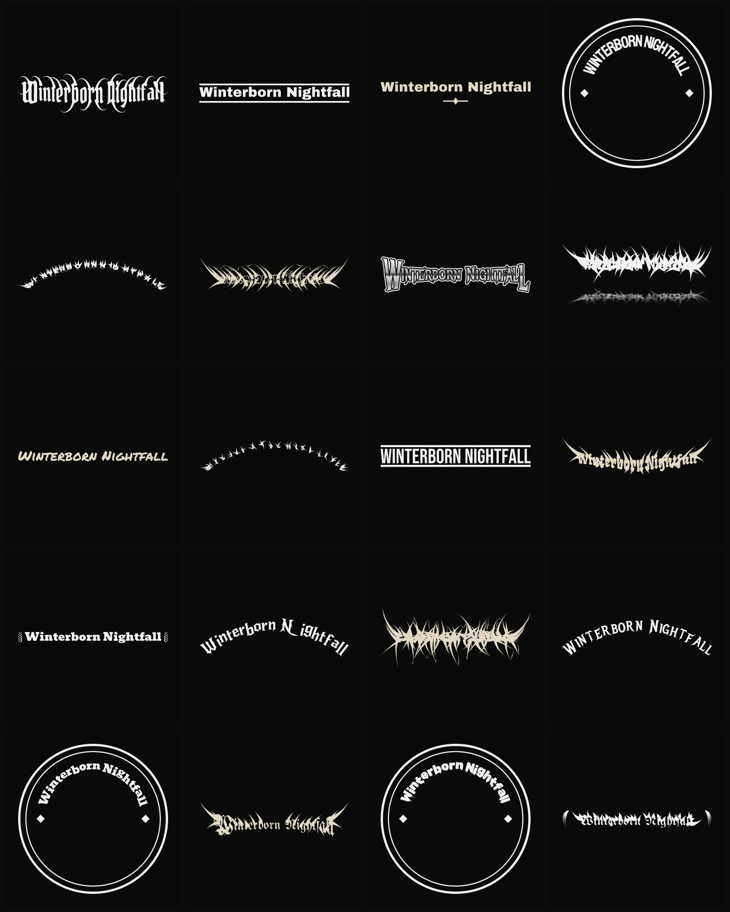 Twenty Winterborn Nightfall band logo ideas — different faces, treatments and spike settings