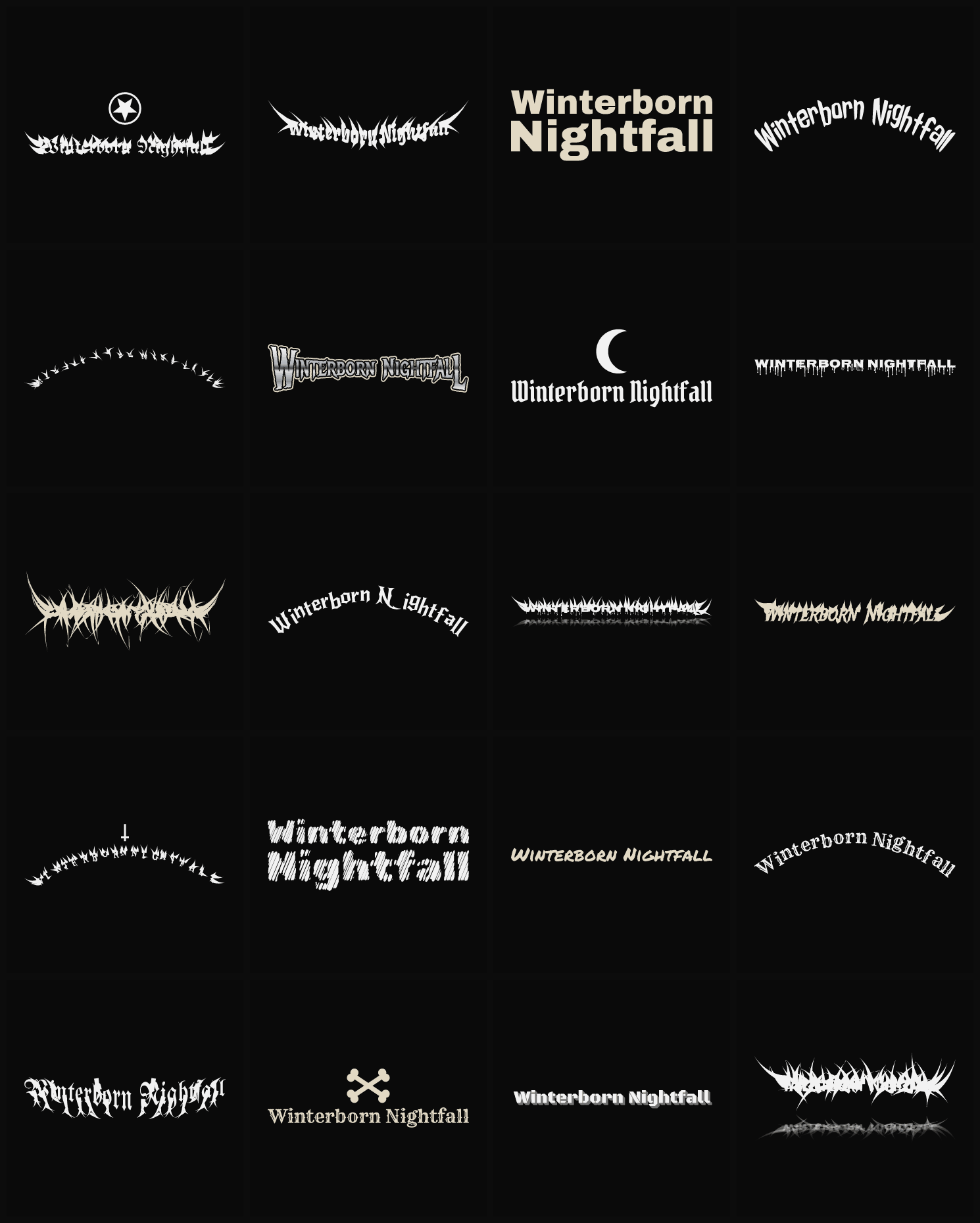 Twenty Winterborn Nightfall band logo ideas — different faces, treatments and spike settings