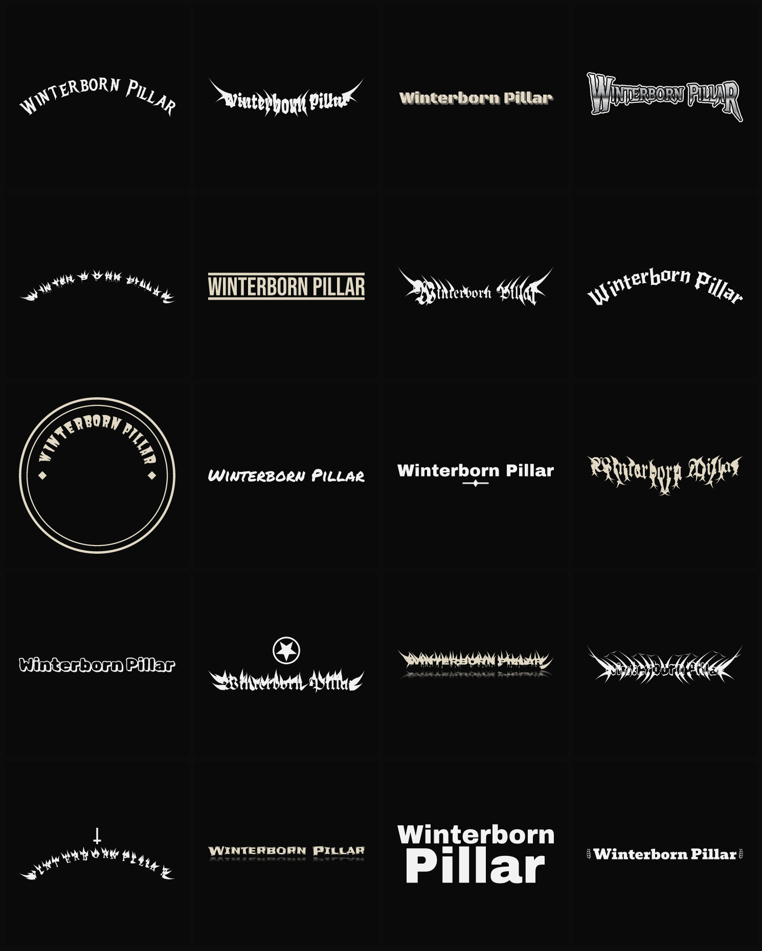 Twenty Winterborn Pillar band logo ideas — different faces, treatments and spike settings
