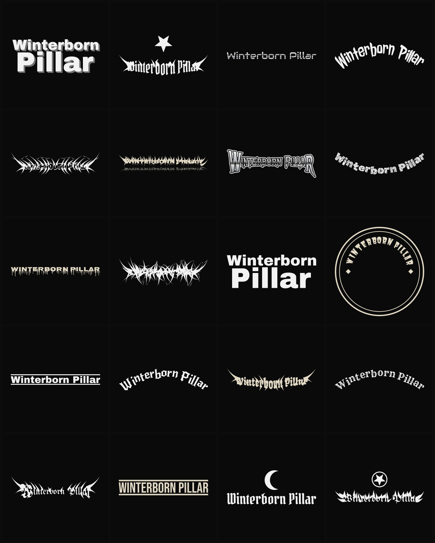 Twenty Winterborn Pillar band logo ideas — different faces, treatments and spike settings