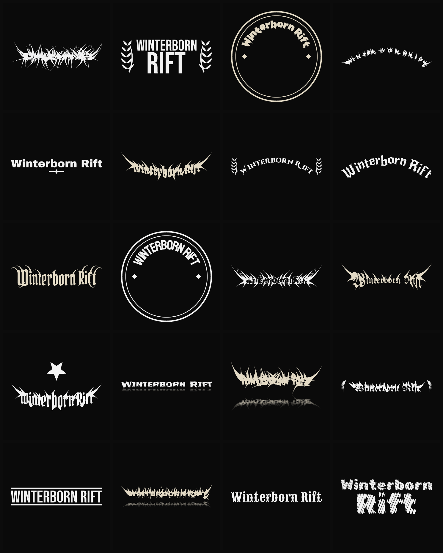 Twenty Winterborn Rift band logo ideas — different faces, treatments and spike settings
