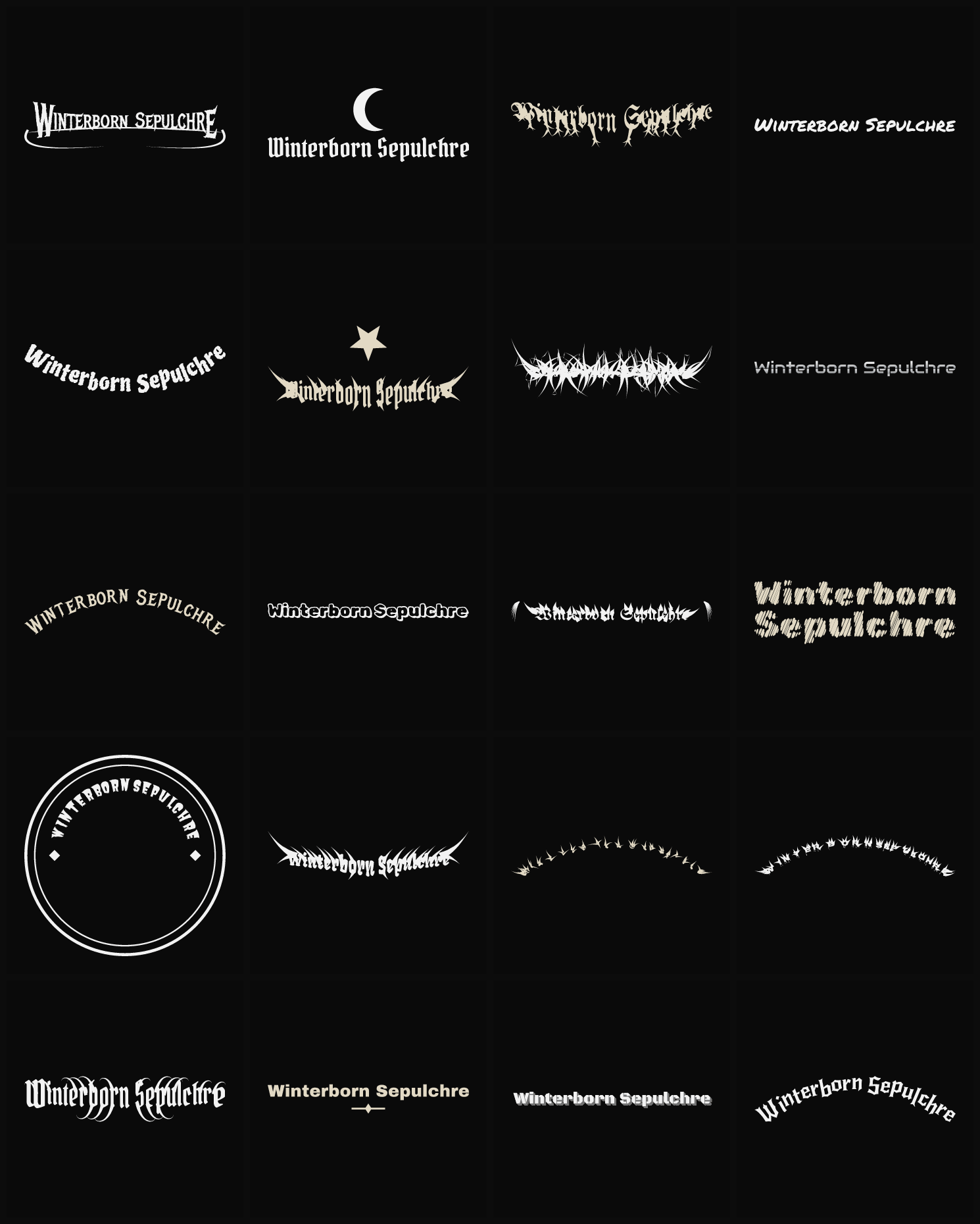 Twenty Winterborn Sepulchre band logo ideas — different faces, treatments and spike settings