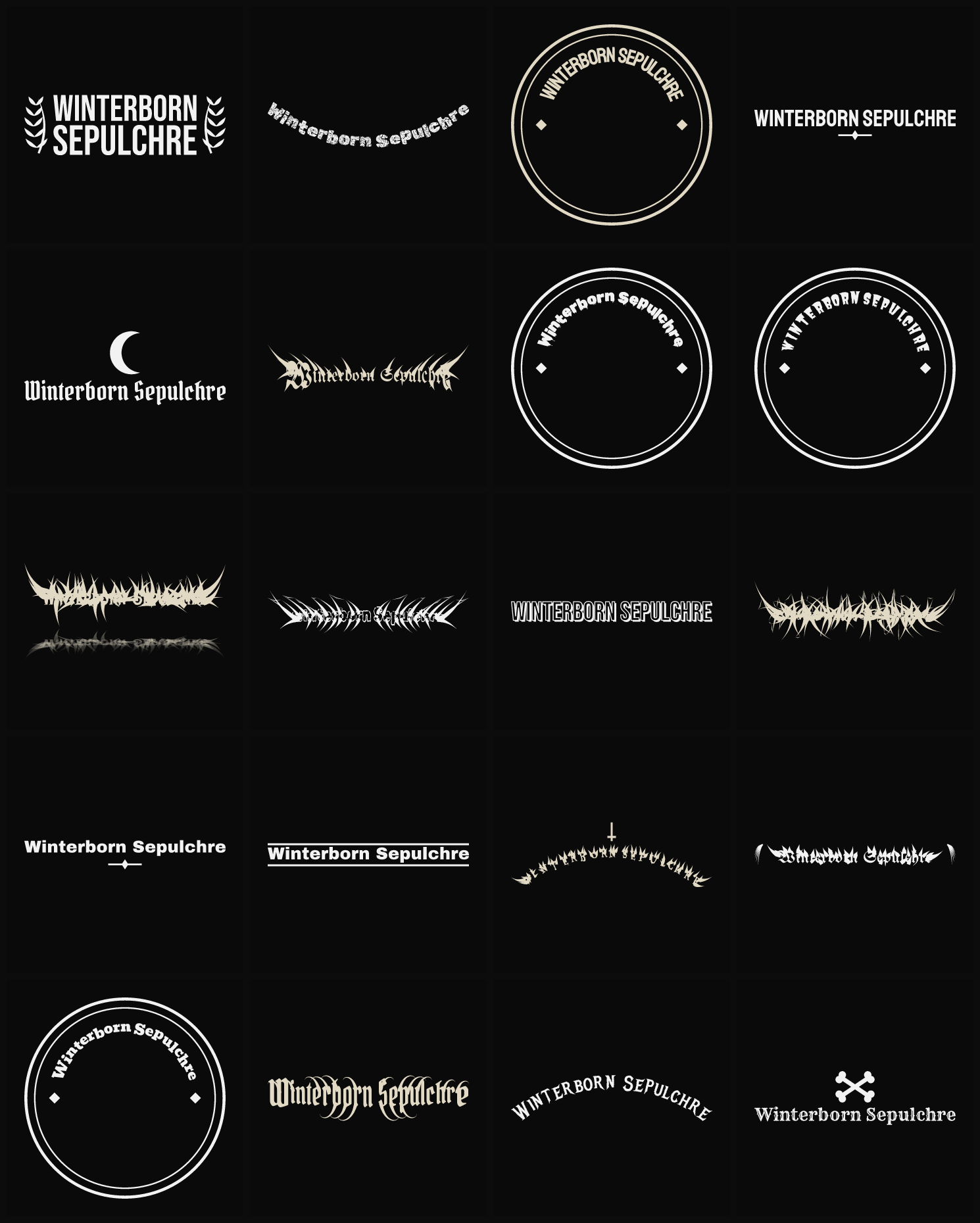 Twenty Winterborn Sepulchre band logo ideas — different faces, treatments and spike settings
