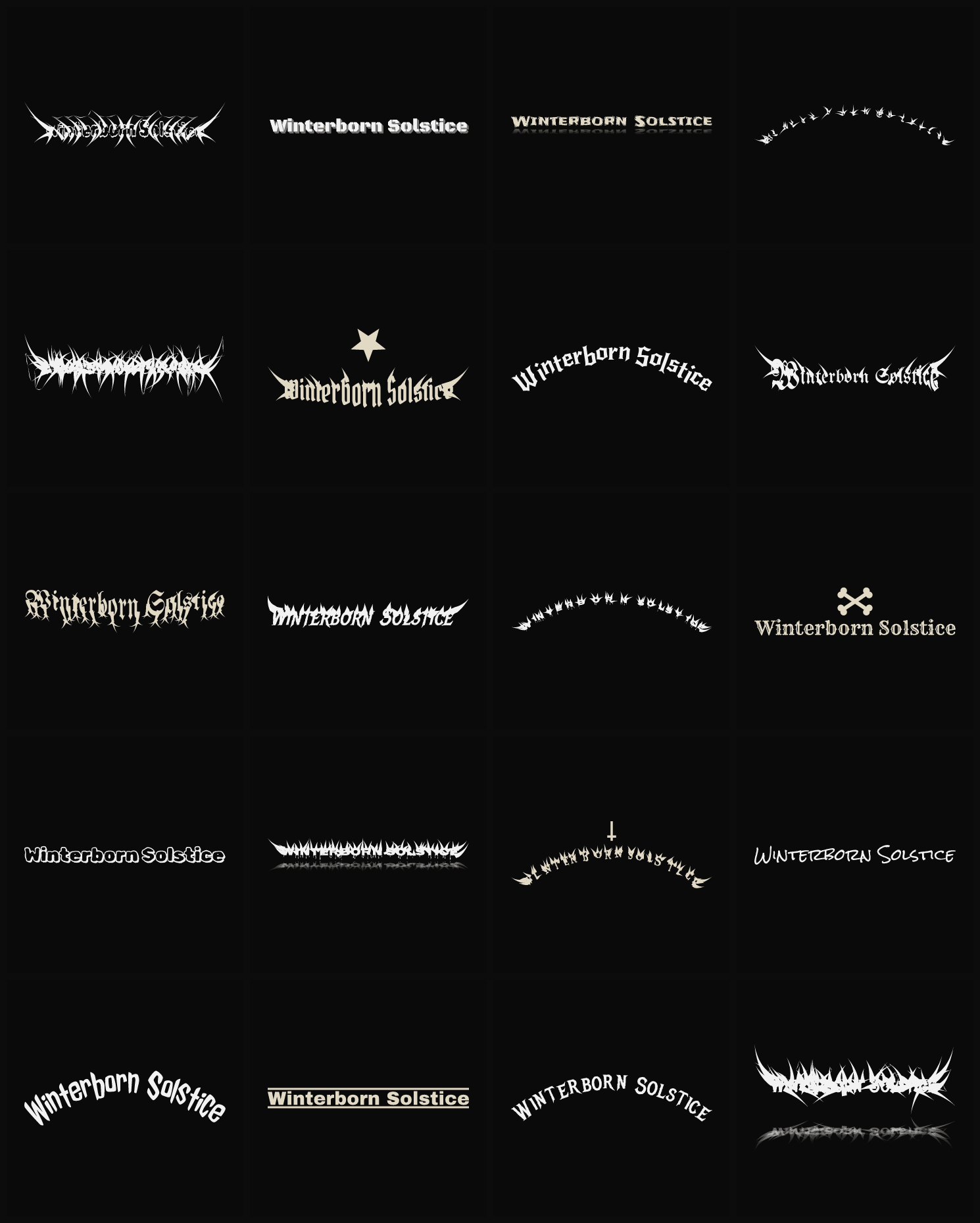 Twenty Winterborn Solstice band logo ideas — different faces, treatments and spike settings