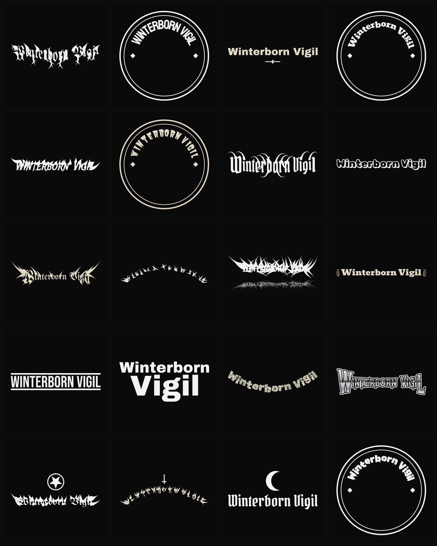 Twenty Winterborn Vigil band logo ideas — different faces, treatments and spike settings