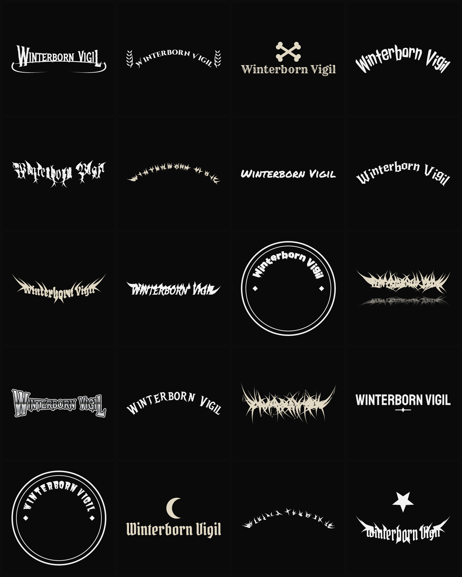 Twenty Winterborn Vigil band logo ideas — different faces, treatments and spike settings