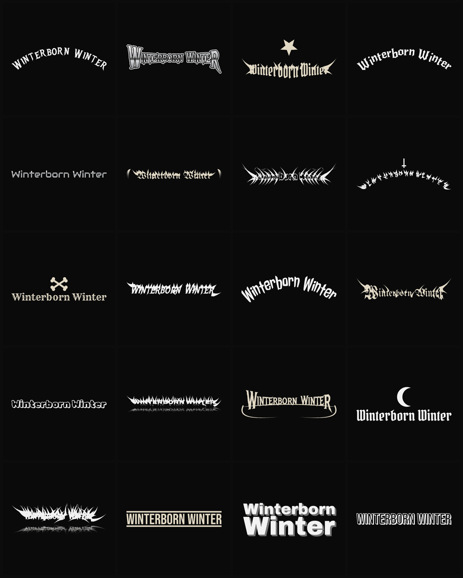 Twenty Winterborn Winter band logo ideas — different faces, treatments and spike settings