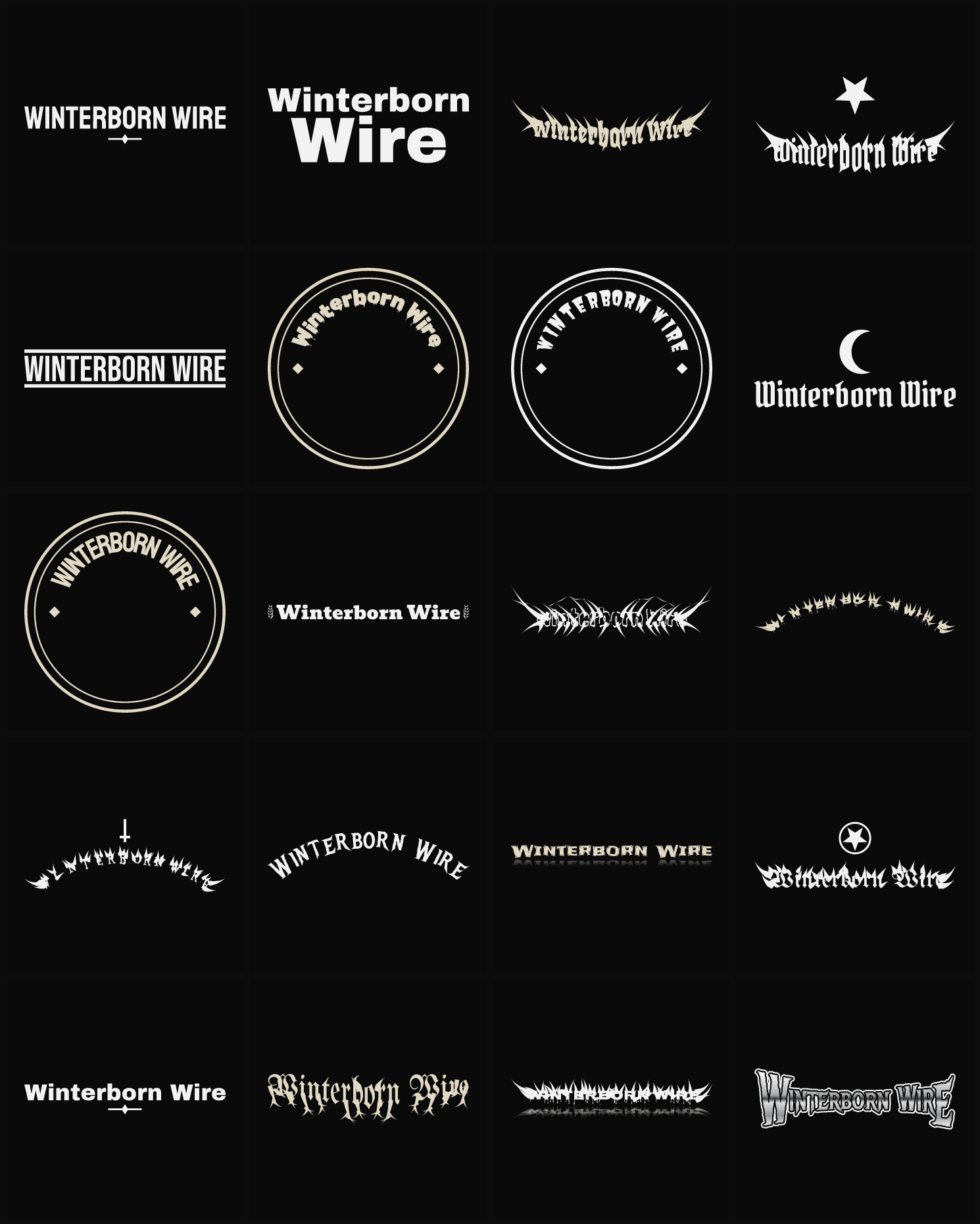 Twenty Winterborn Wire band logo ideas — different faces, treatments and spike settings