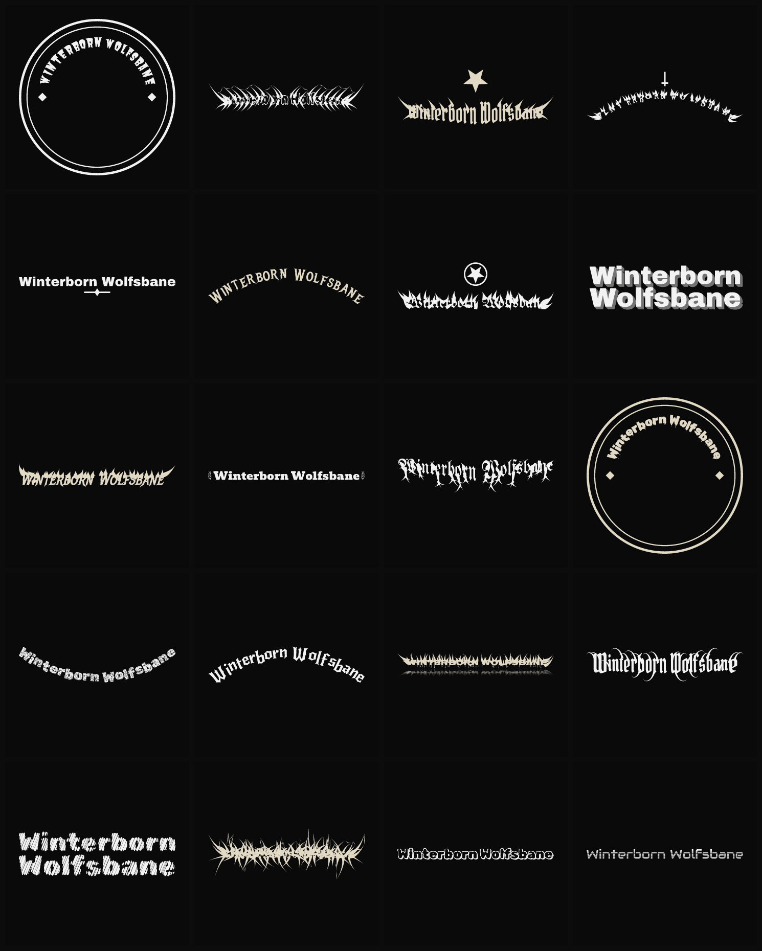 Twenty Winterborn Wolfsbane band logo ideas — different faces, treatments and spike settings