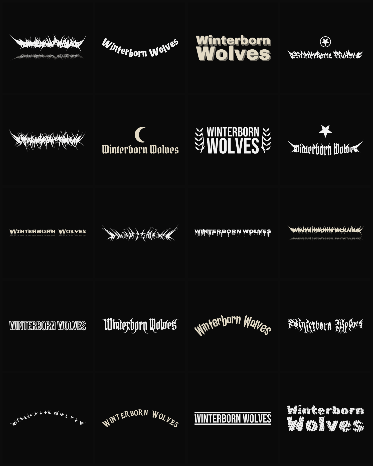 Twenty Winterborn Wolves band logo ideas — different faces, treatments and spike settings
