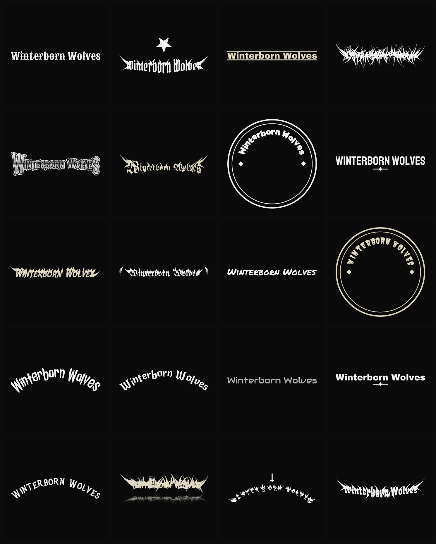 Twenty Winterborn Wolves band logo ideas — different faces, treatments and spike settings