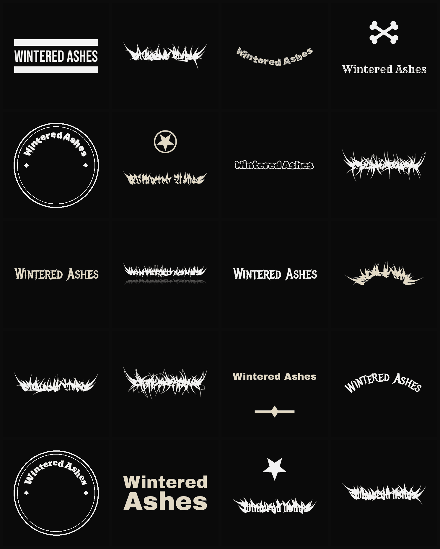 Twenty Wintered Ashes band logo ideas — different faces, treatments and spike settings
