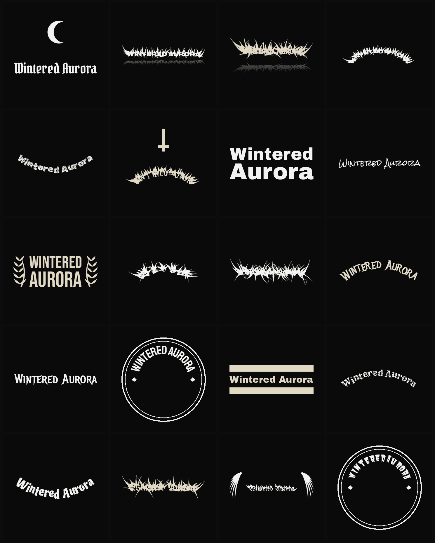 Twenty Wintered Aurora band logo ideas — different faces, treatments and spike settings
