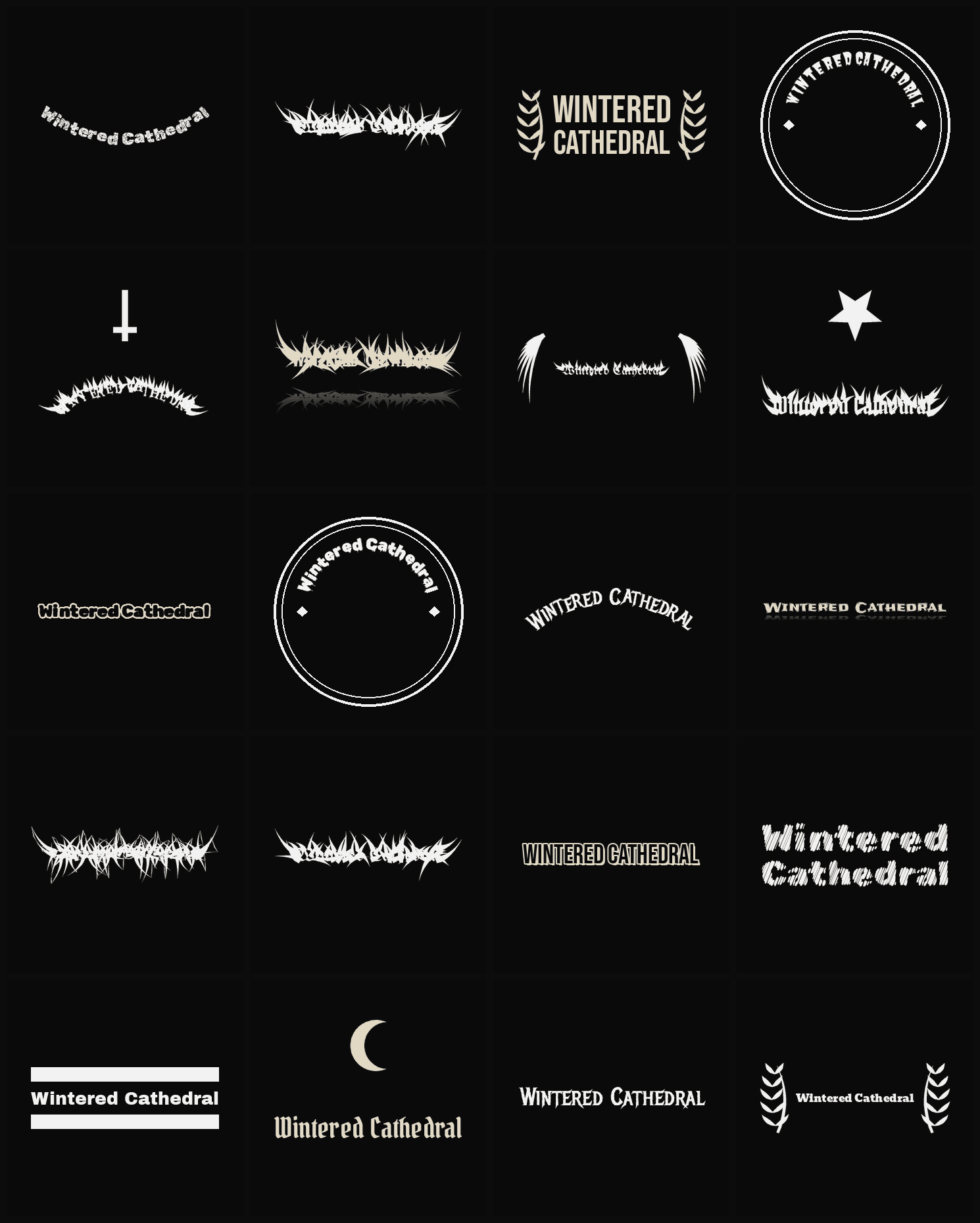 Twenty Wintered Cathedral band logo ideas — different faces, treatments and spike settings