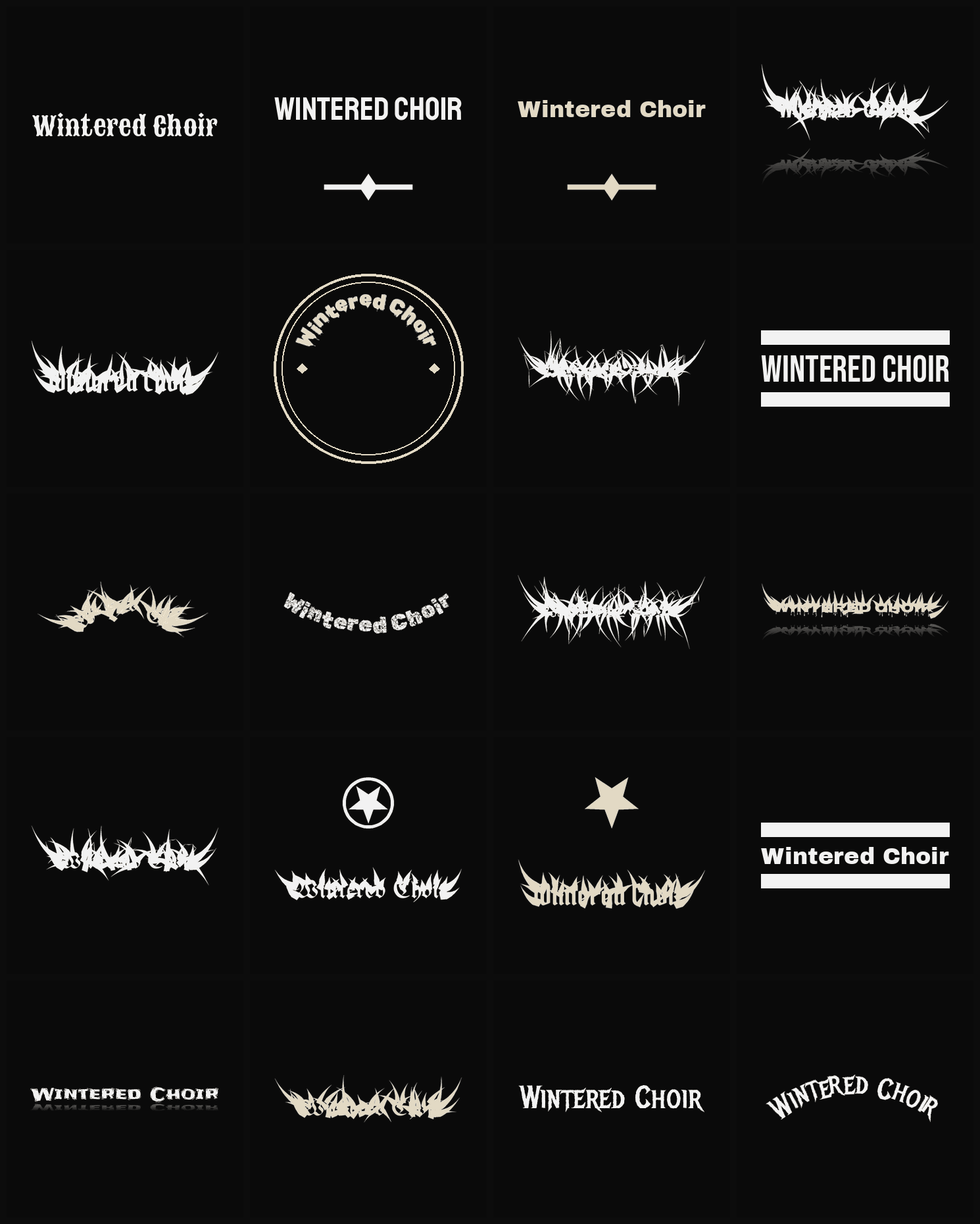 Twenty Wintered Choir band logo ideas — different faces, treatments and spike settings