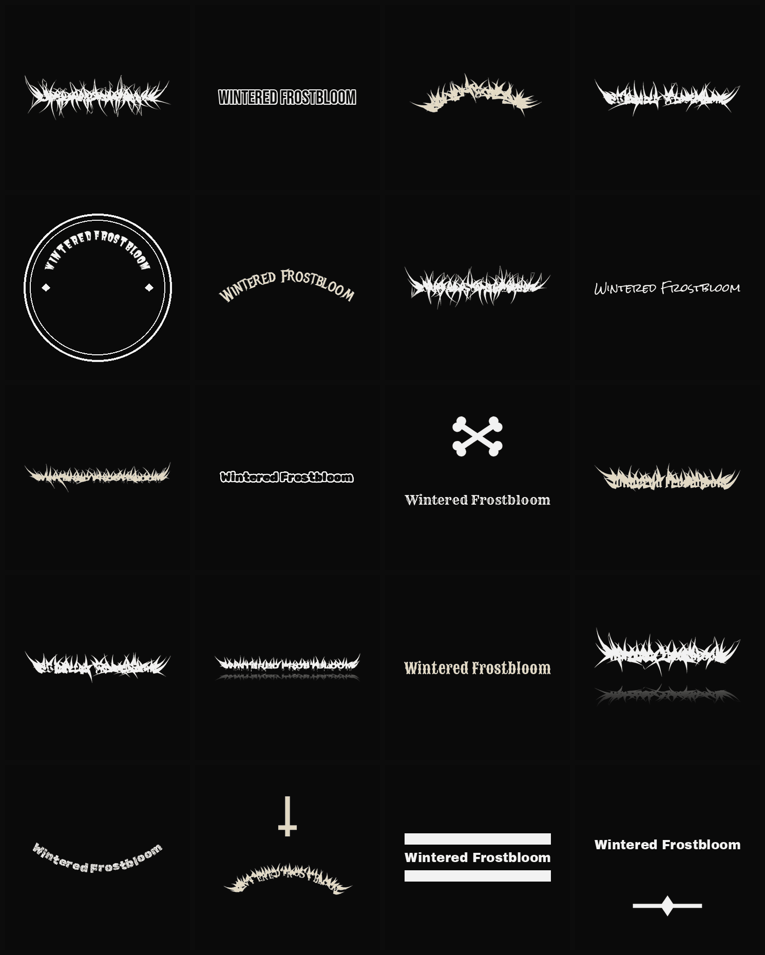 Twenty Wintered Frostbloom band logo ideas — different faces, treatments and spike settings