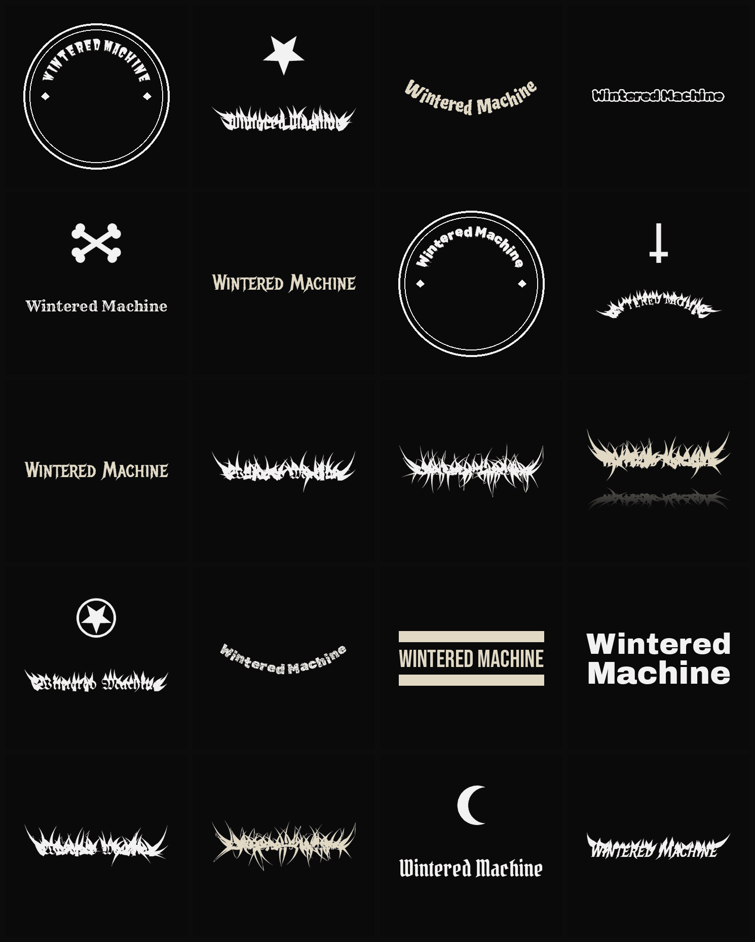 Twenty Wintered Machine band logo ideas — different faces, treatments and spike settings