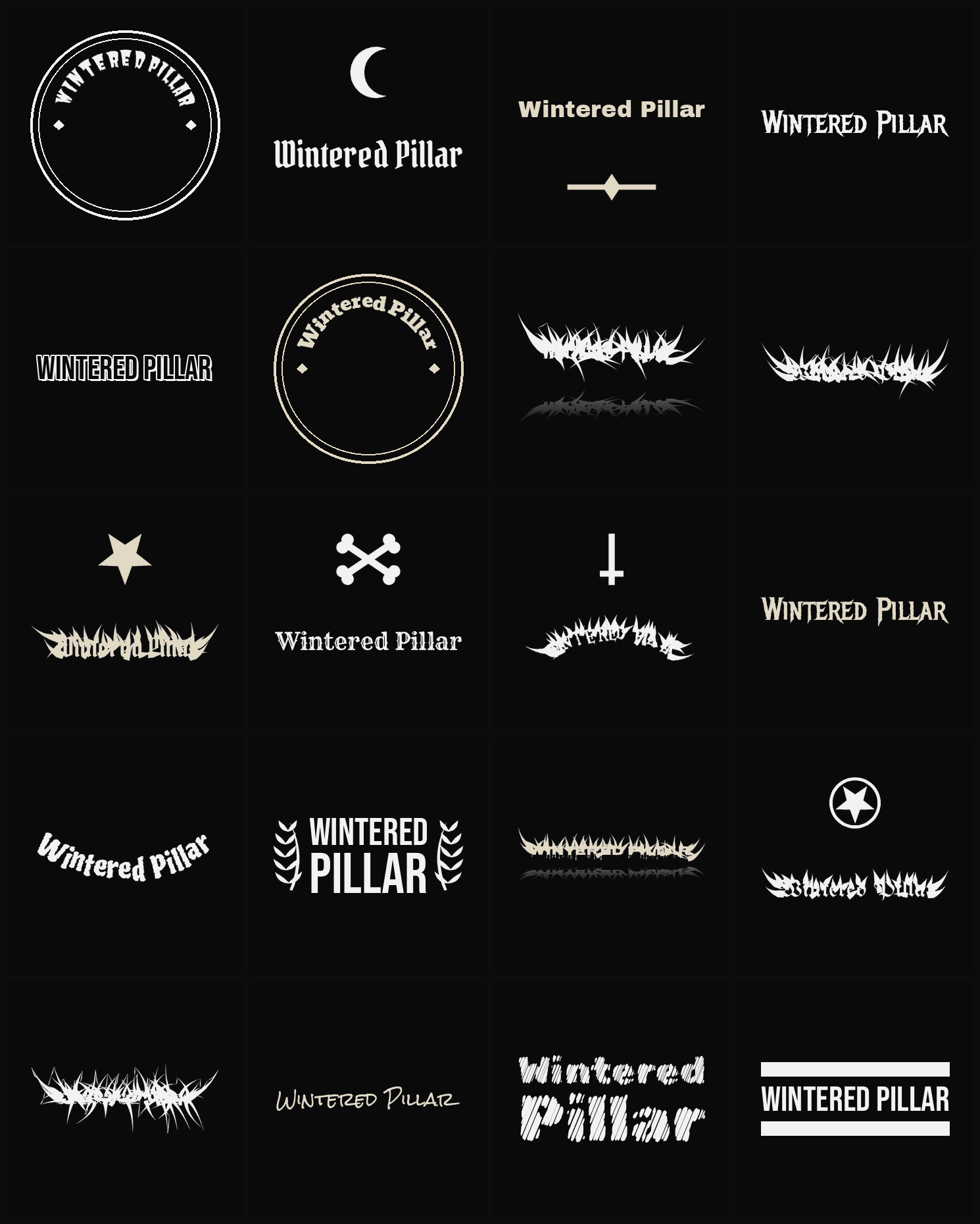 Twenty Wintered Pillar band logo ideas — different faces, treatments and spike settings