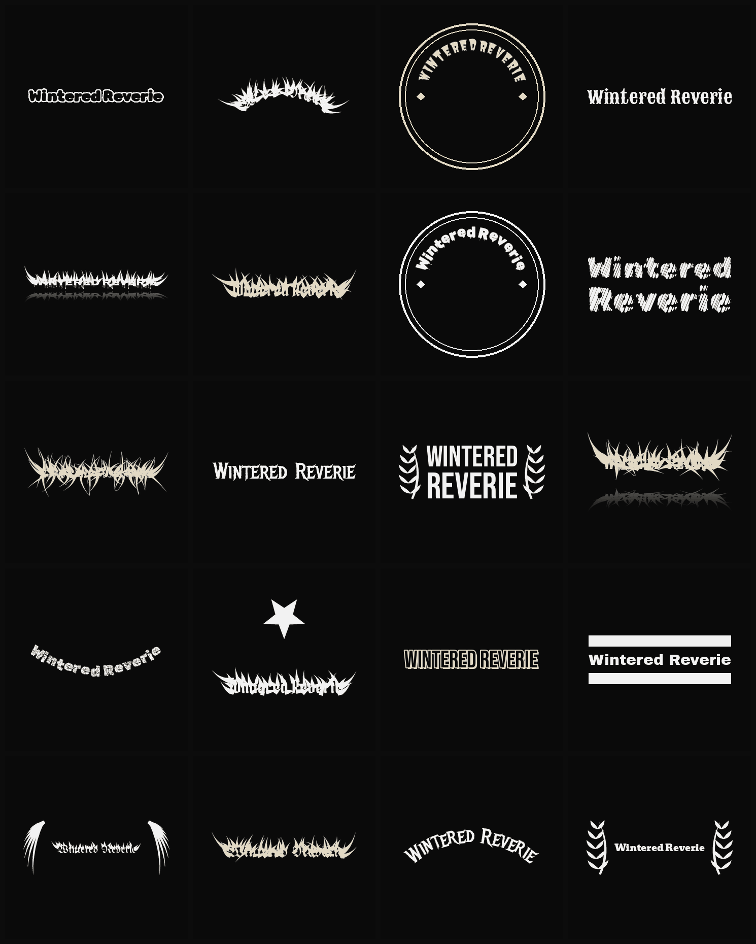 Twenty Wintered Reverie band logo ideas — different faces, treatments and spike settings