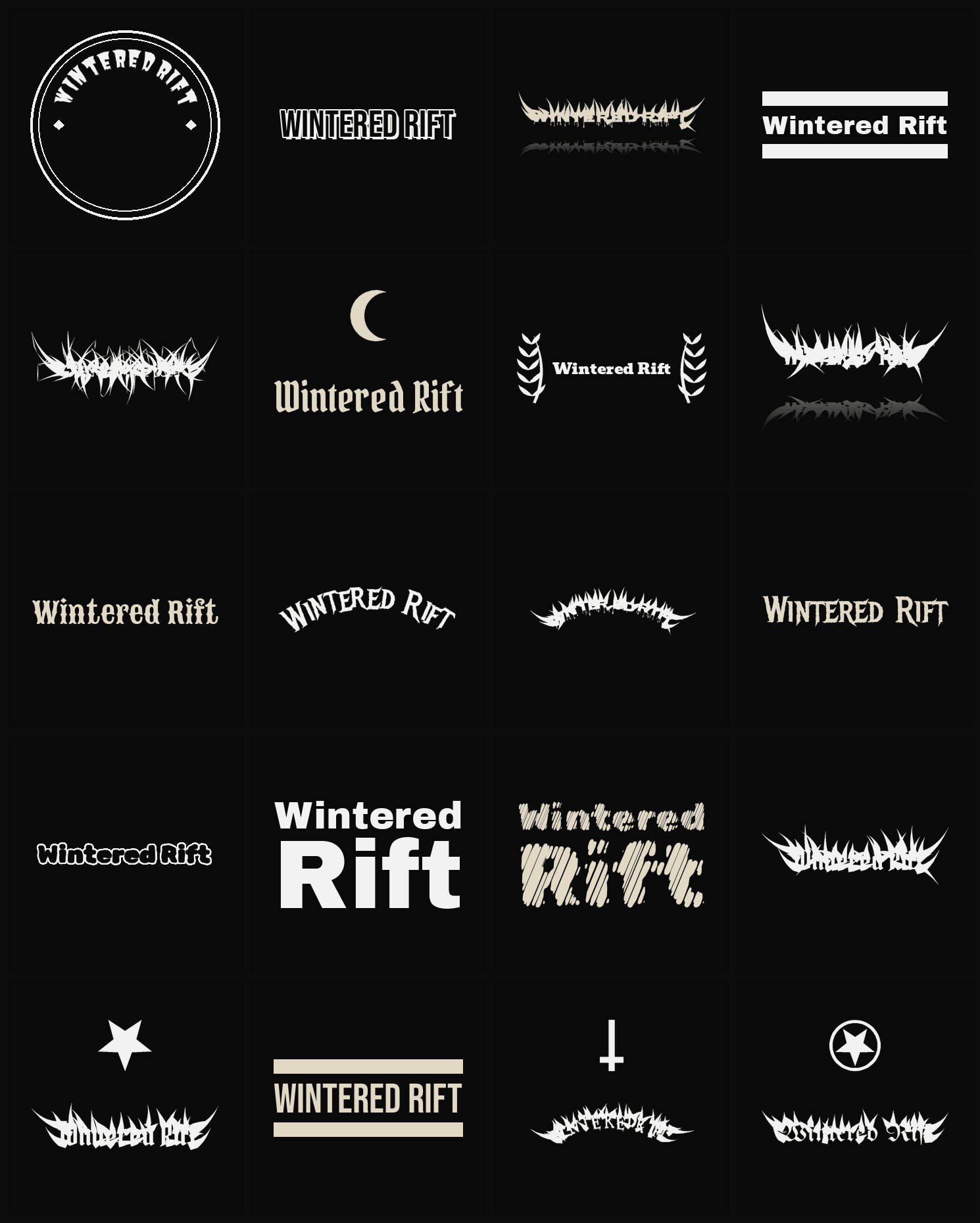 Twenty Wintered Rift band logo ideas — different faces, treatments and spike settings
