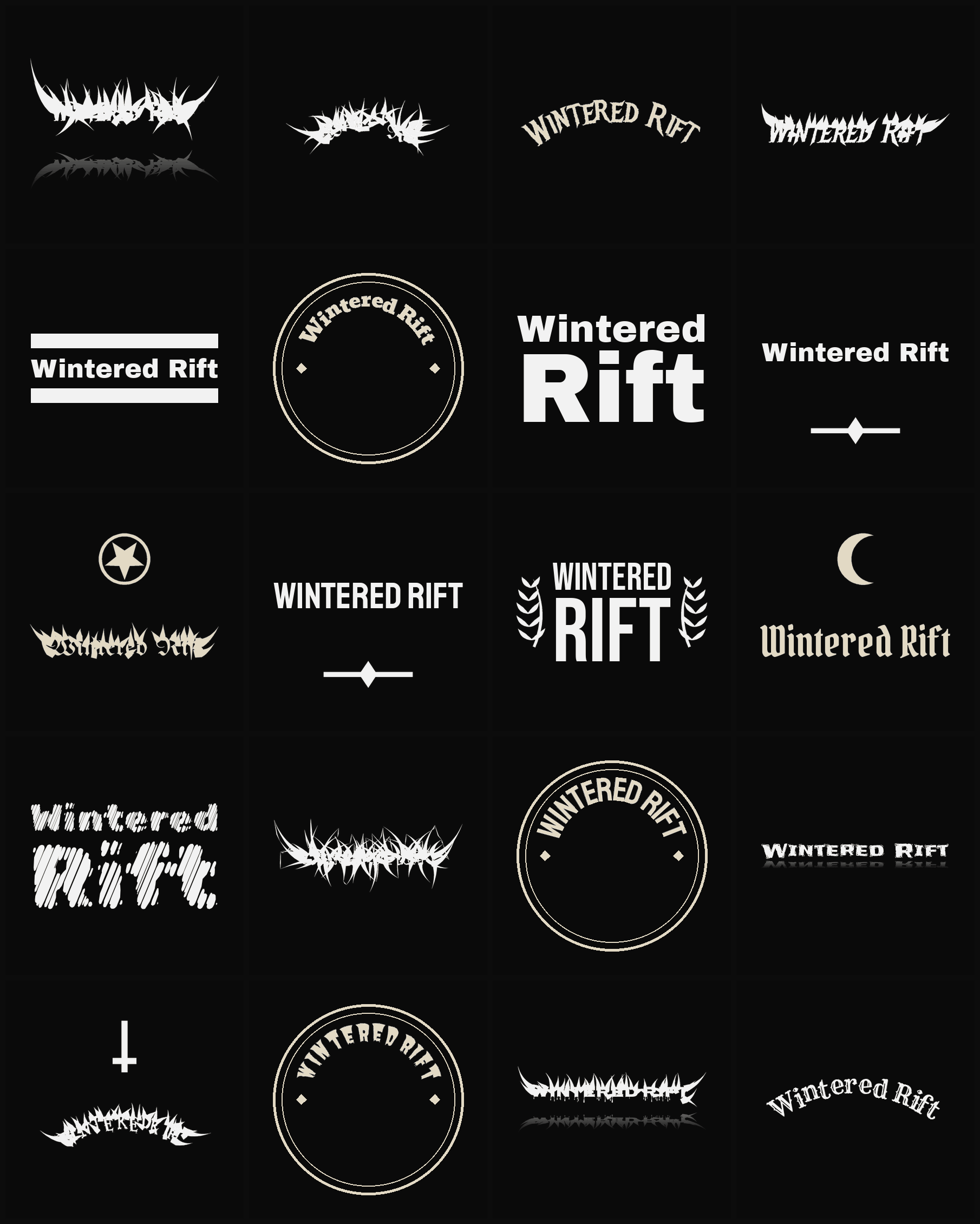 Twenty Wintered Rift band logo ideas — different faces, treatments and spike settings