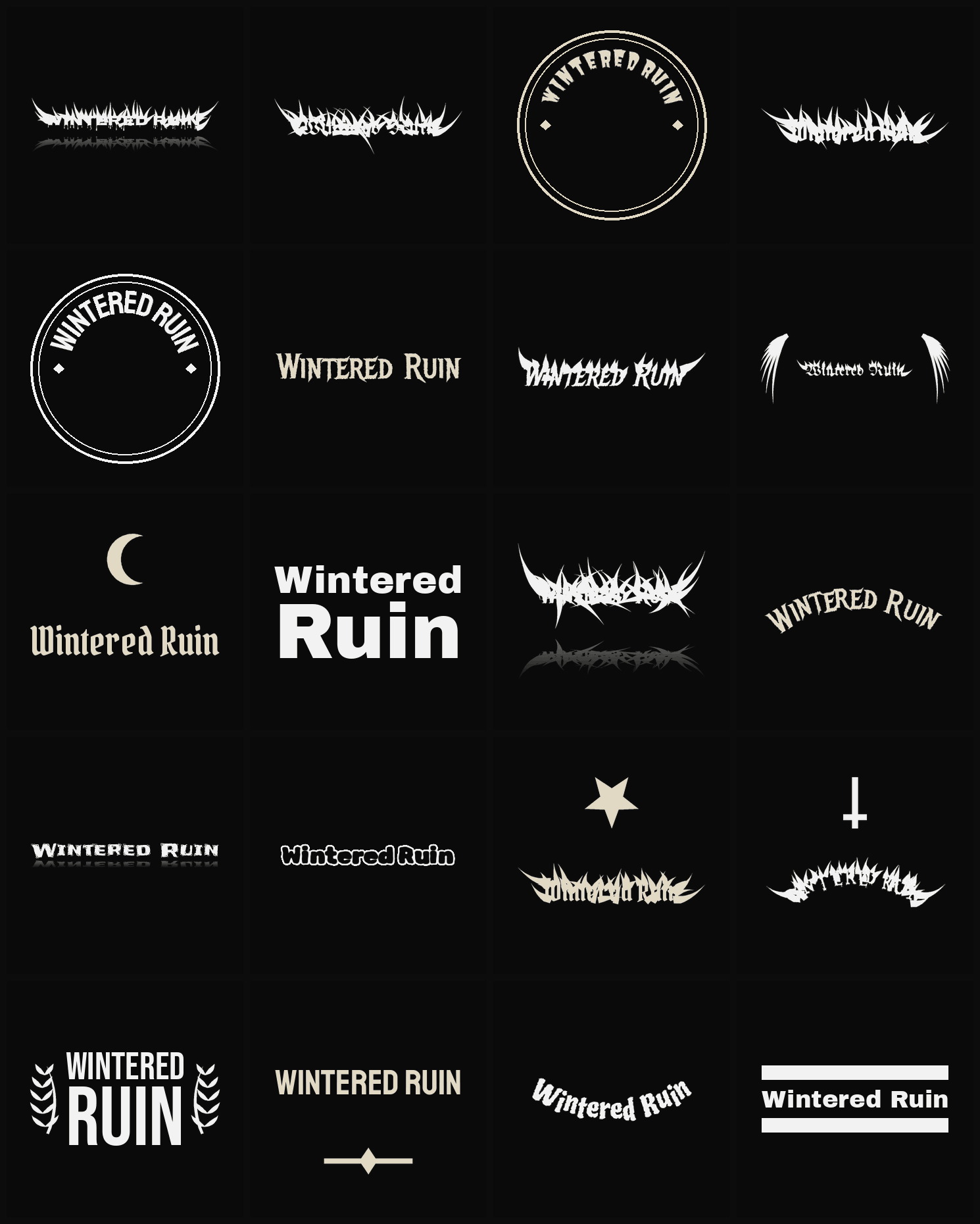 Twenty Wintered Ruin band logo ideas — different faces, treatments and spike settings