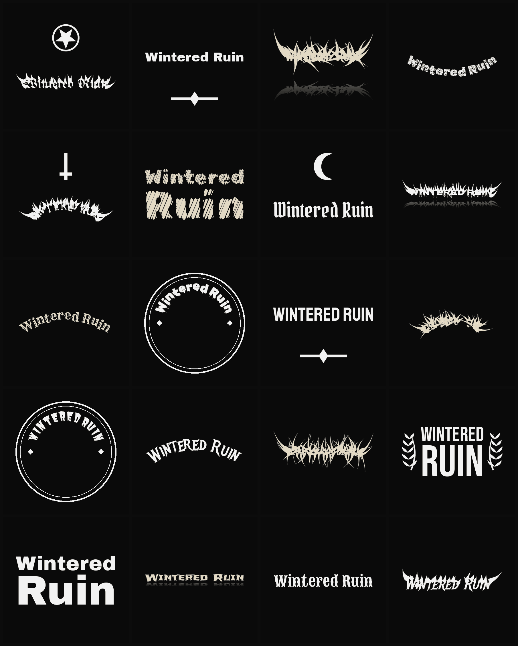 Twenty Wintered Ruin band logo ideas — different faces, treatments and spike settings
