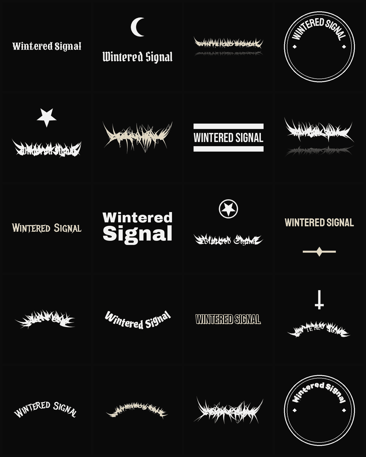 Twenty Wintered Signal band logo ideas — different faces, treatments and spike settings