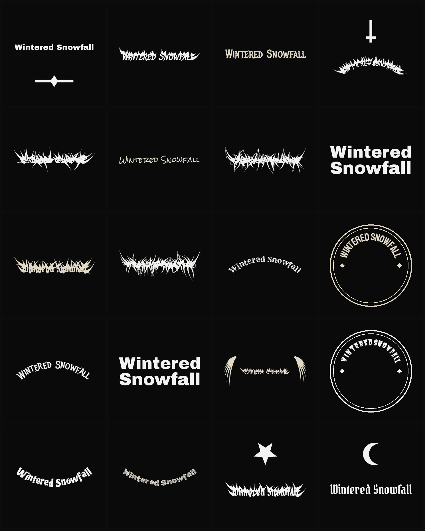 Twenty Wintered Snowfall band logo ideas — different faces, treatments and spike settings