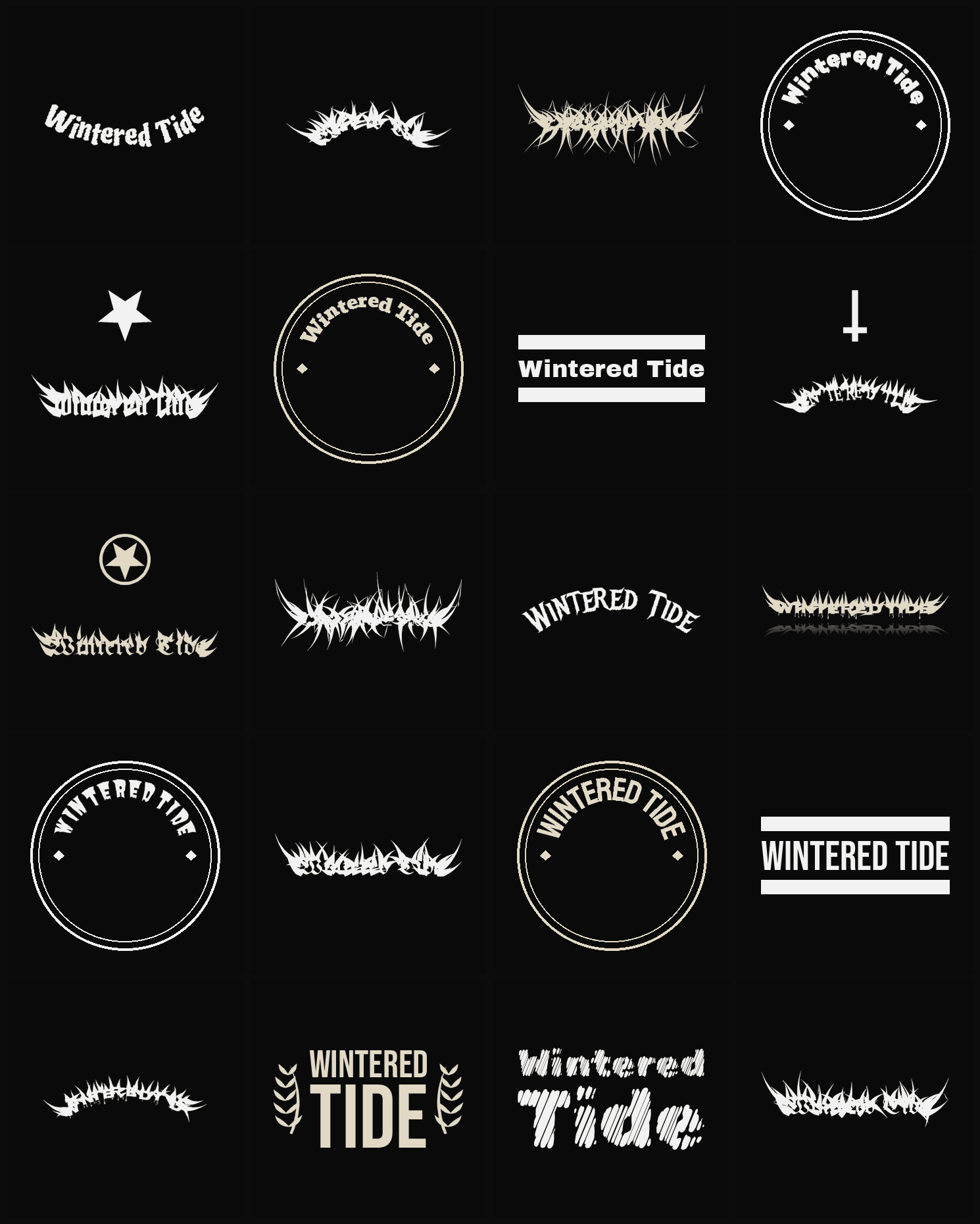 Twenty Wintered Tide band logo ideas — different faces, treatments and spike settings