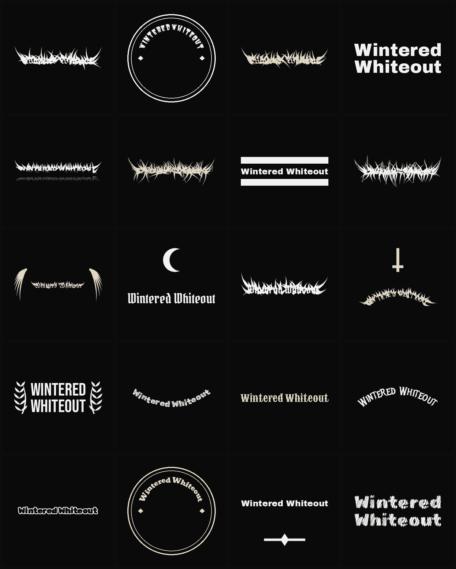 Twenty Wintered Whiteout band logo ideas — different faces, treatments and spike settings