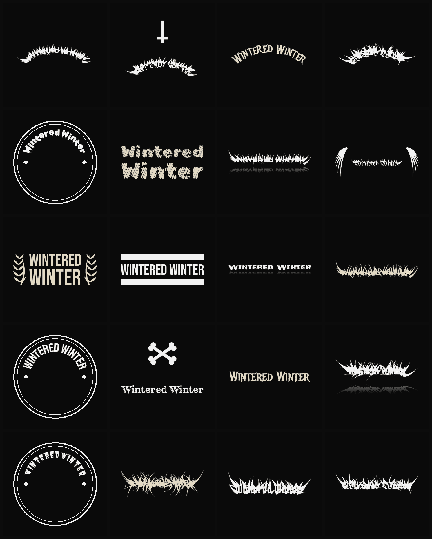 Twenty Wintered Winter band logo ideas — different faces, treatments and spike settings
