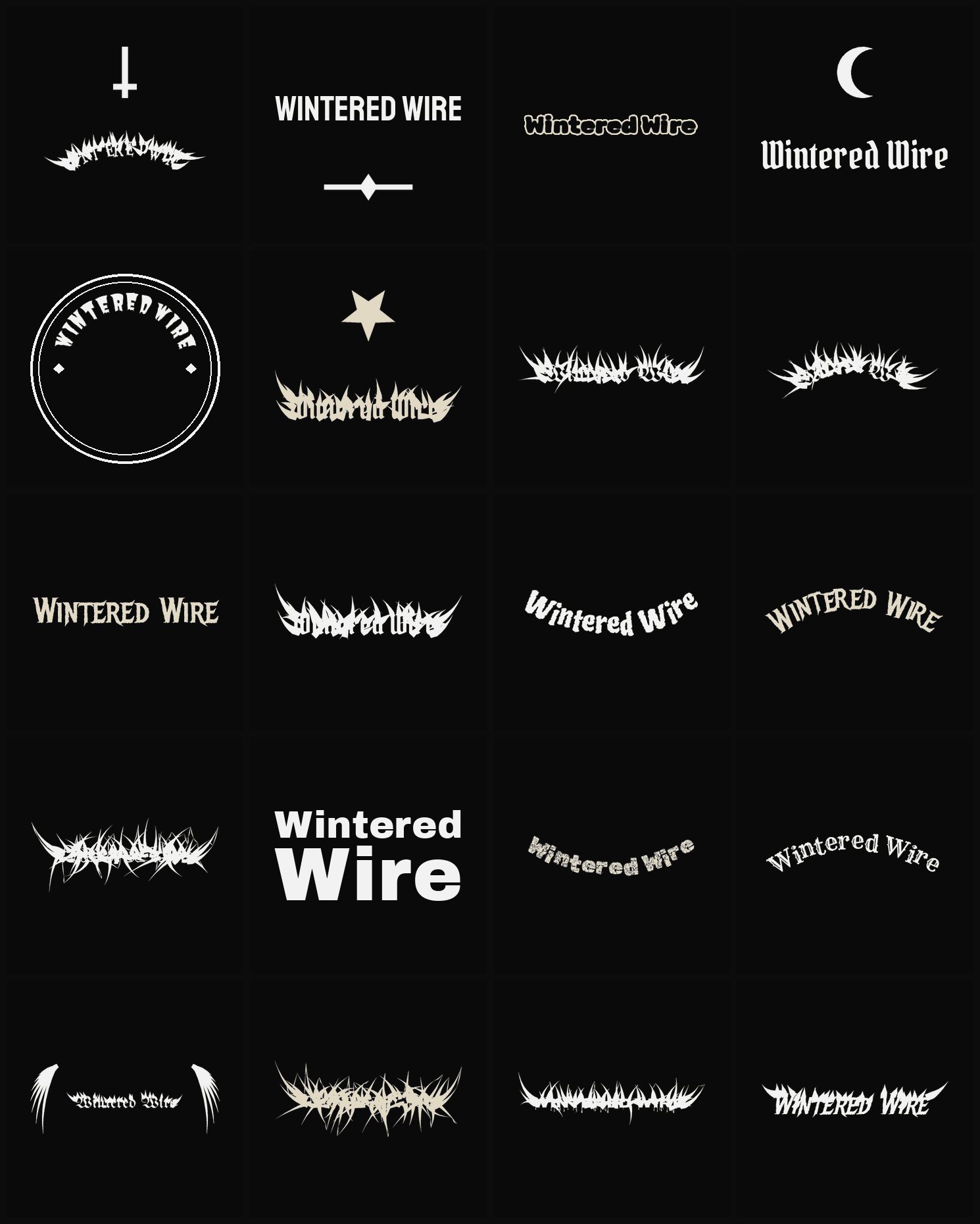 Twenty Wintered Wire band logo ideas — different faces, treatments and spike settings