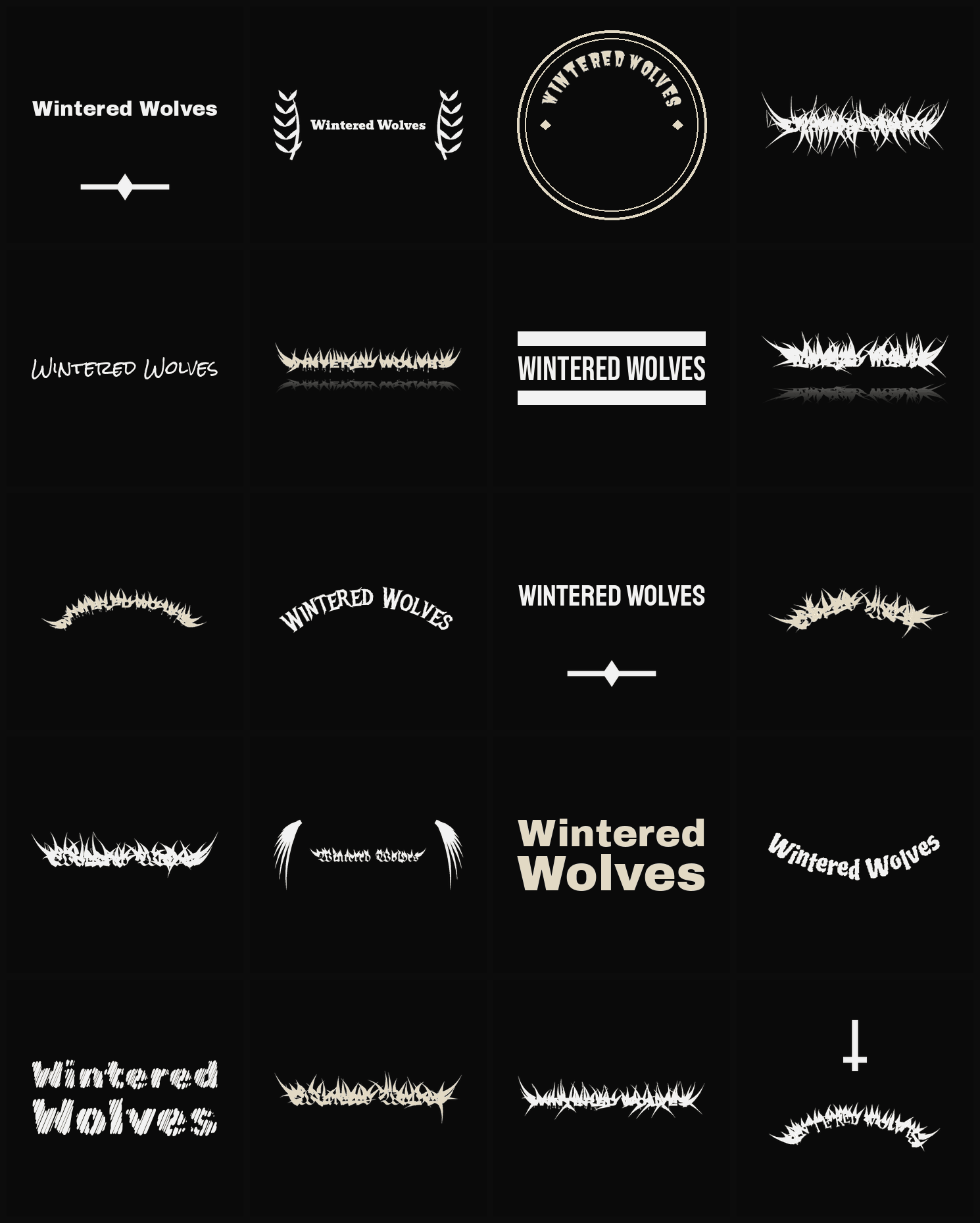 Twenty Wintered Wolves band logo ideas — different faces, treatments and spike settings