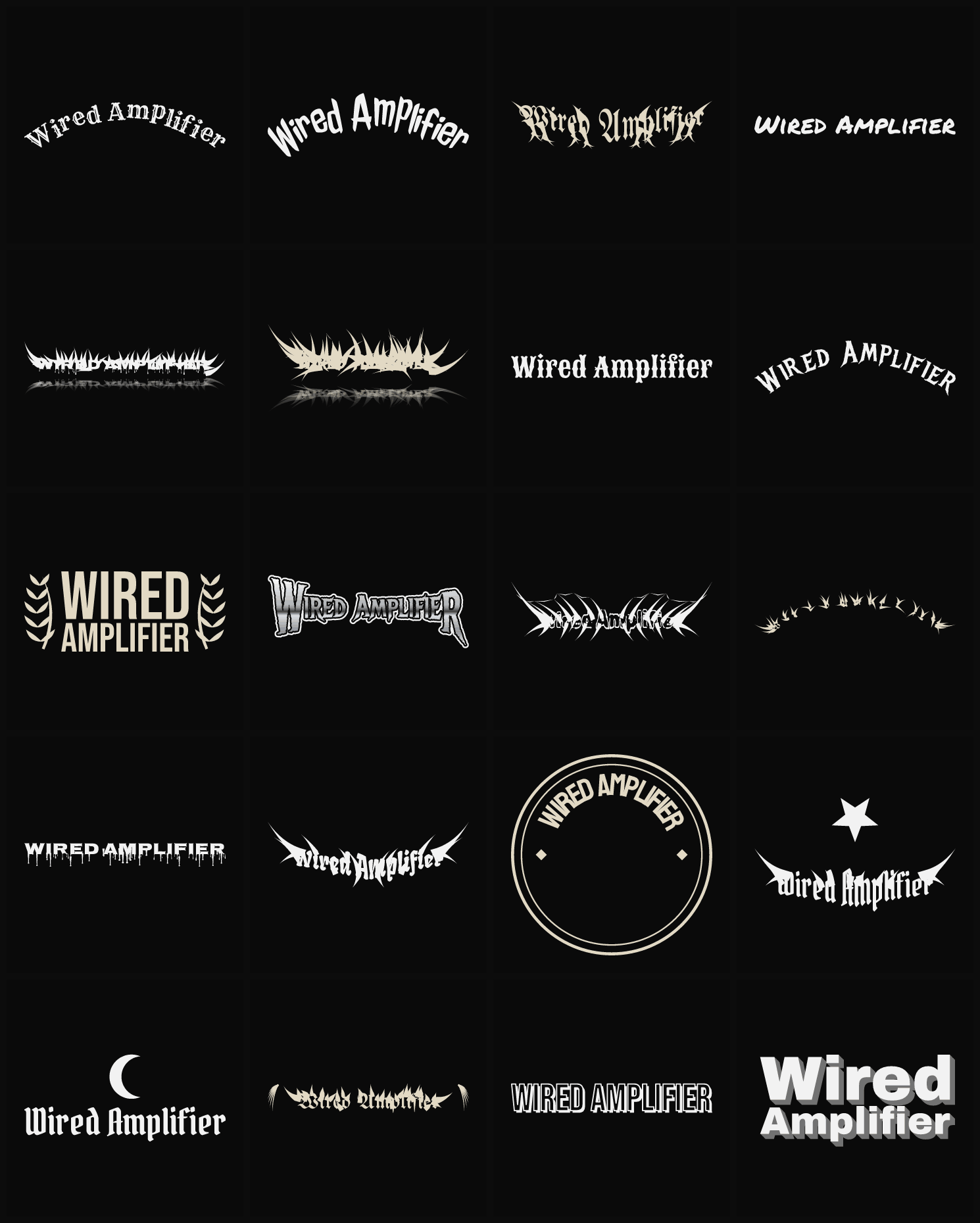 Twenty Wired Amplifier band logo ideas — different faces, treatments and spike settings