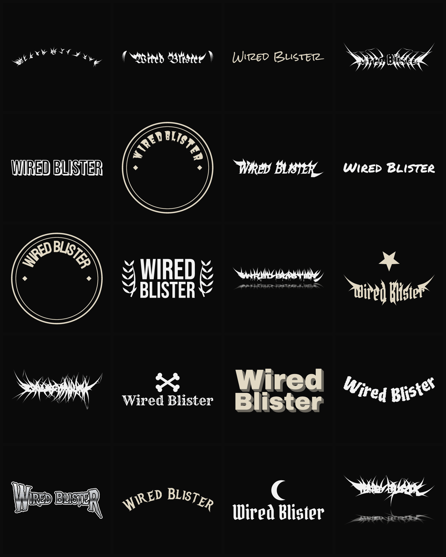 Twenty Wired Blister band logo ideas — different faces, treatments and spike settings
