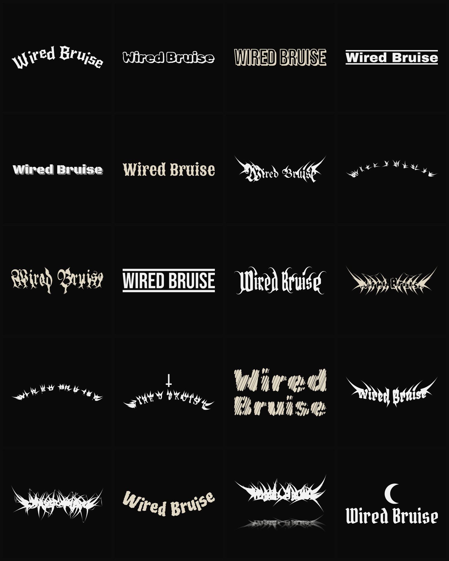 Twenty Wired Bruise band logo ideas — different faces, treatments and spike settings