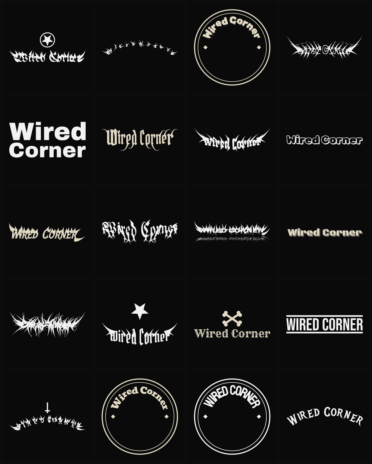 Twenty Wired Corner band logo ideas — different faces, treatments and spike settings